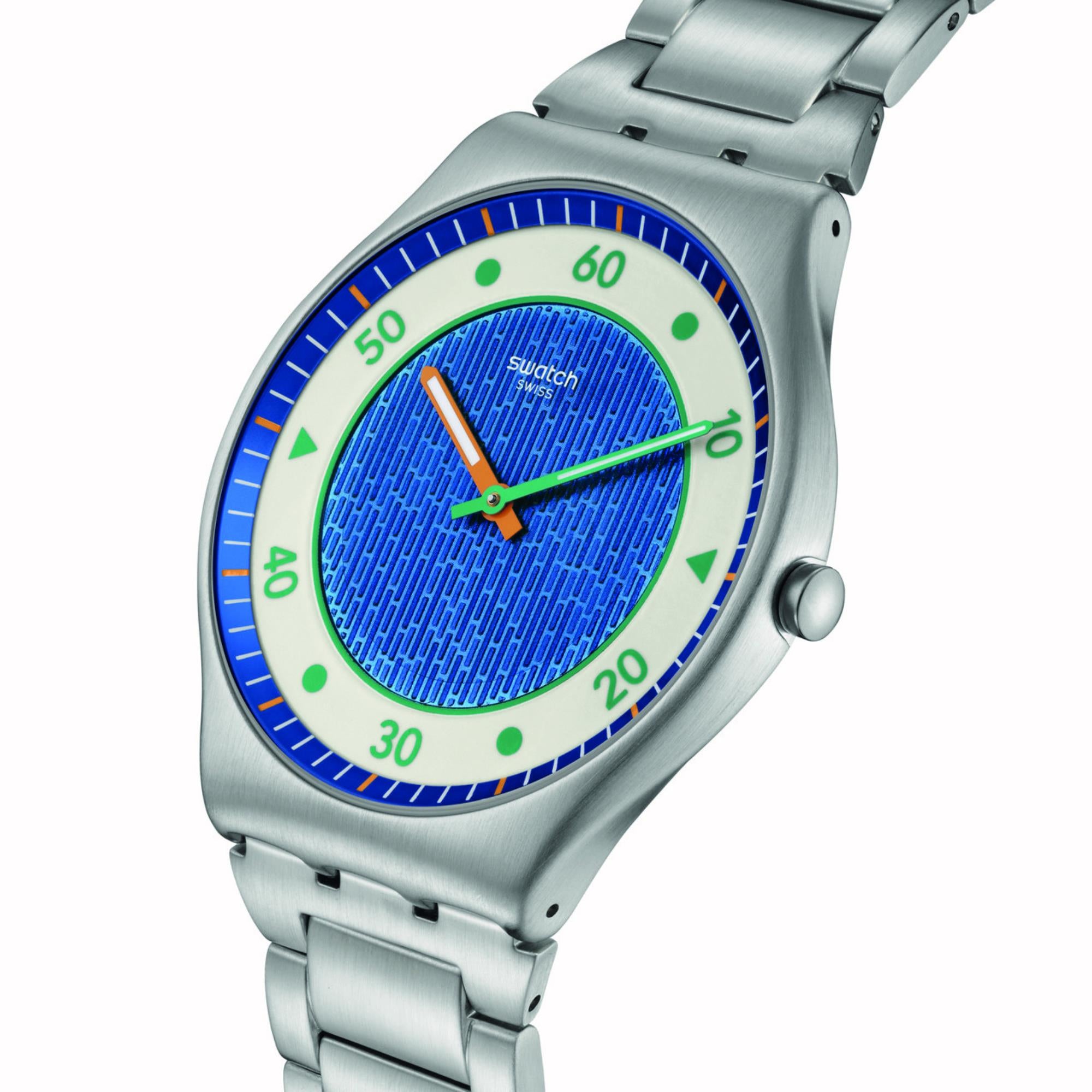 Swatch Skin Irony Splash Dance Quarz Blaues Zifferblatt Stahl Uhr SS07S143G
