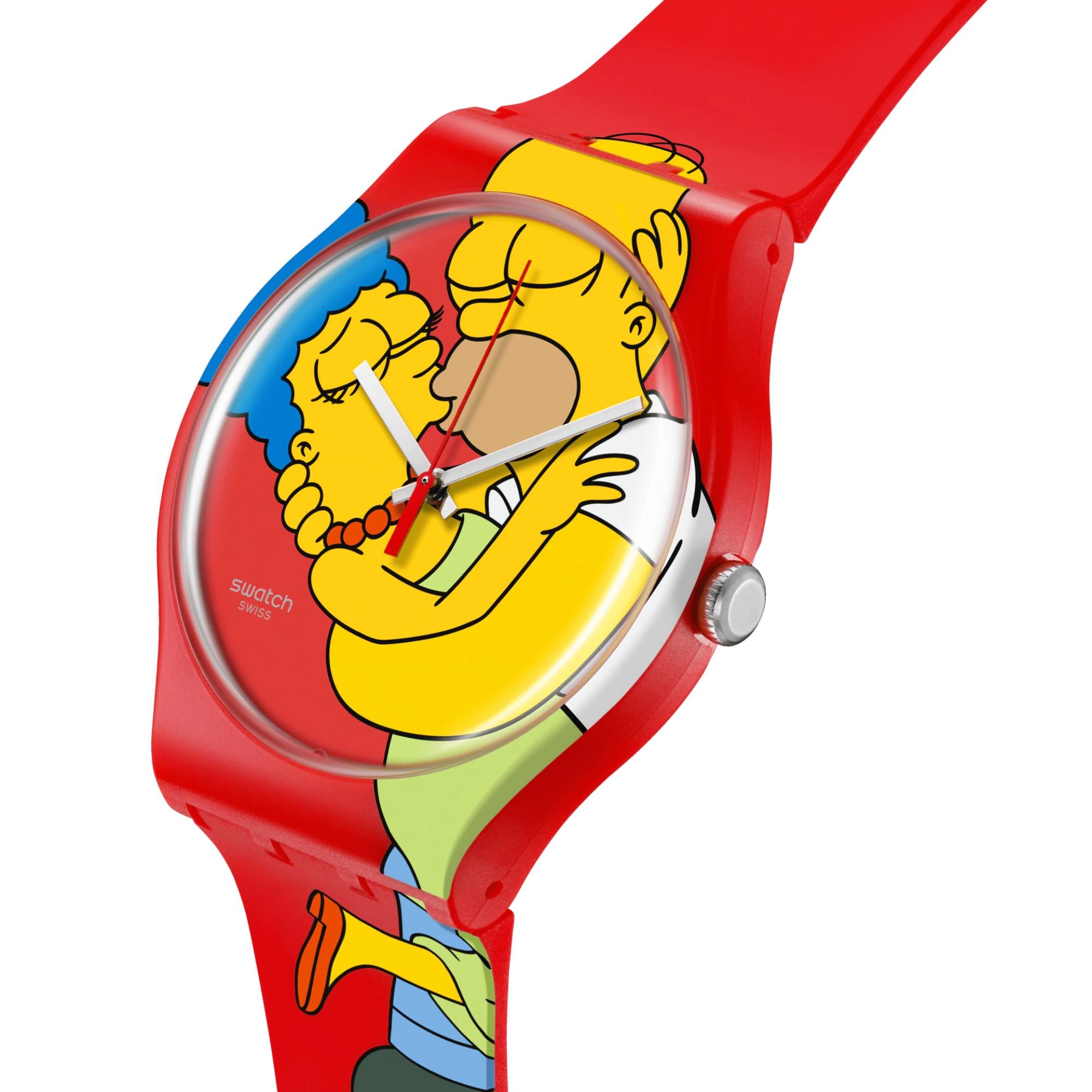 Swatch Die Simpsons Kollektion Süße Umarmung Quarz Rotes Zifferblatt Silikon Uhr SO29Z120