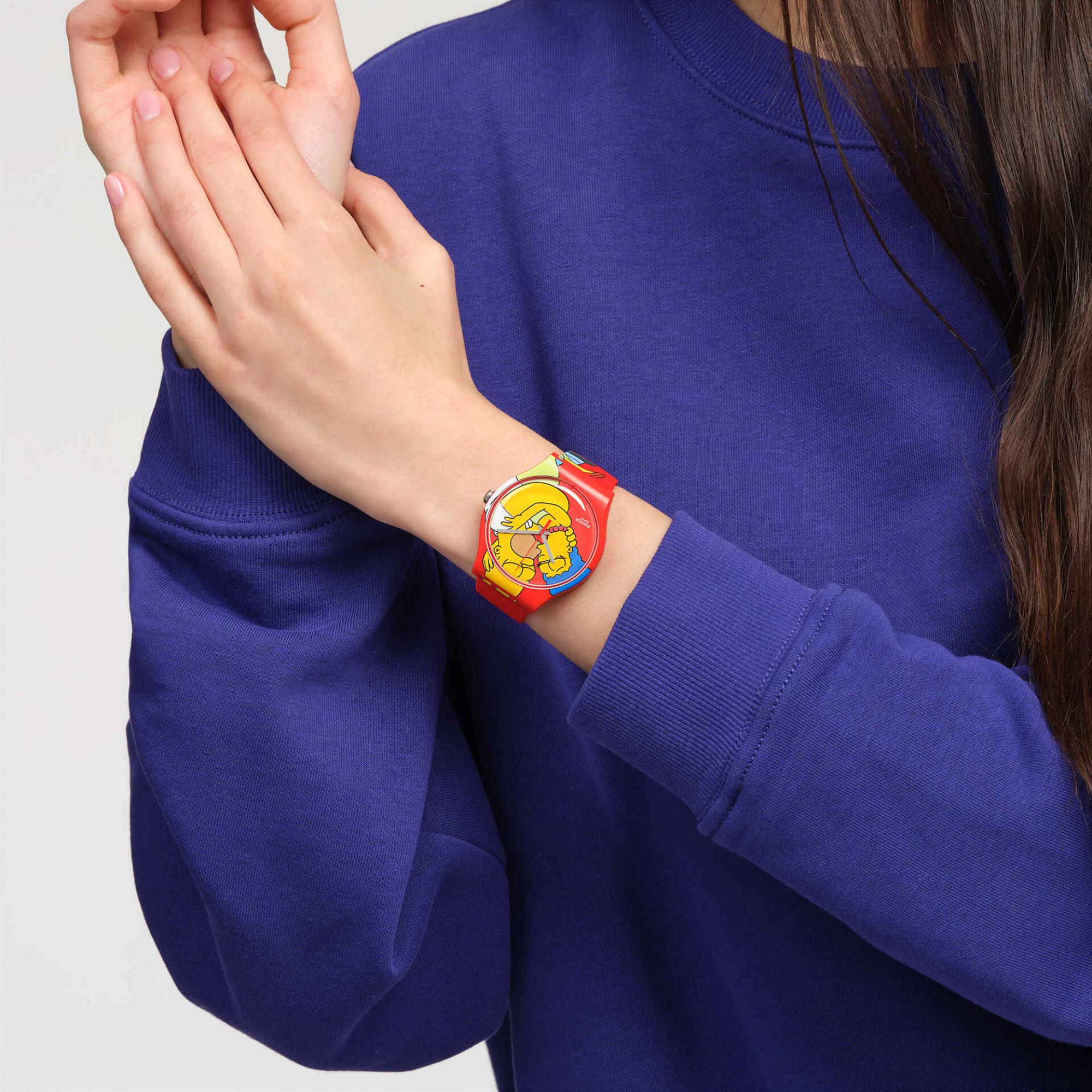 Swatch Die Simpsons Kollektion Süße Umarmung Quarz Rotes Zifferblatt Silikon Uhr SO29Z120