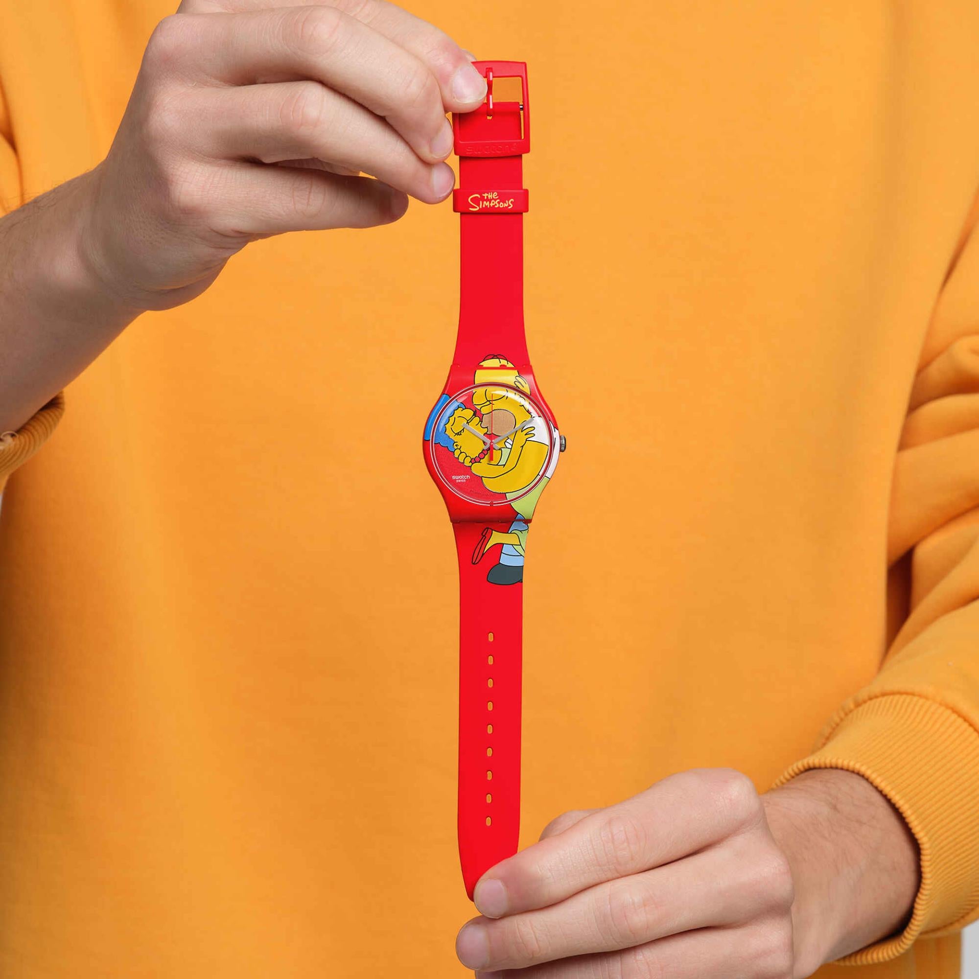 Swatch Die Simpsons Kollektion Süße Umarmung Quarz Rotes Zifferblatt Silikon Uhr SO29Z120