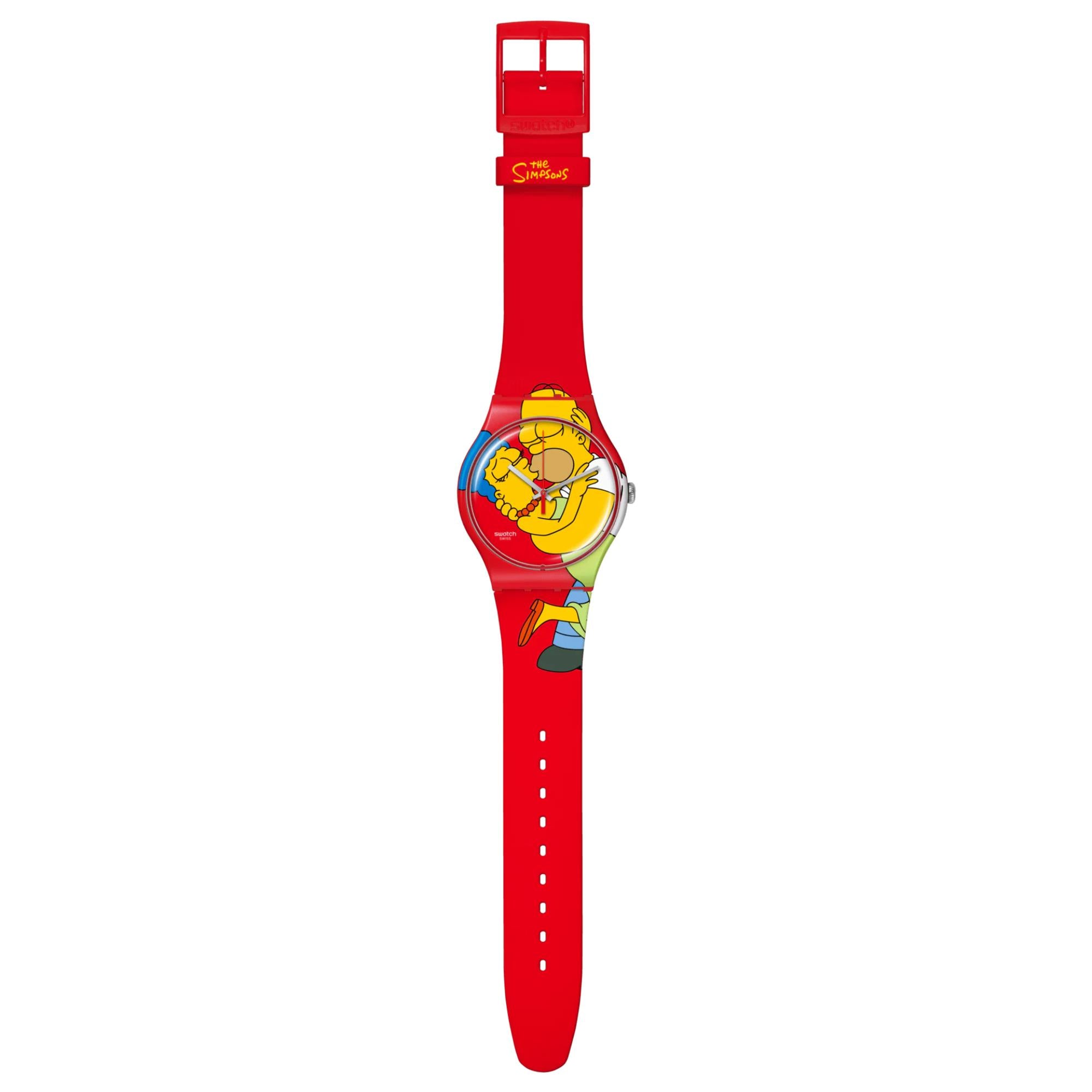 Swatch Die Simpsons Kollektion Süße Umarmung Quarz Rotes Zifferblatt Silikon Uhr SO29Z120