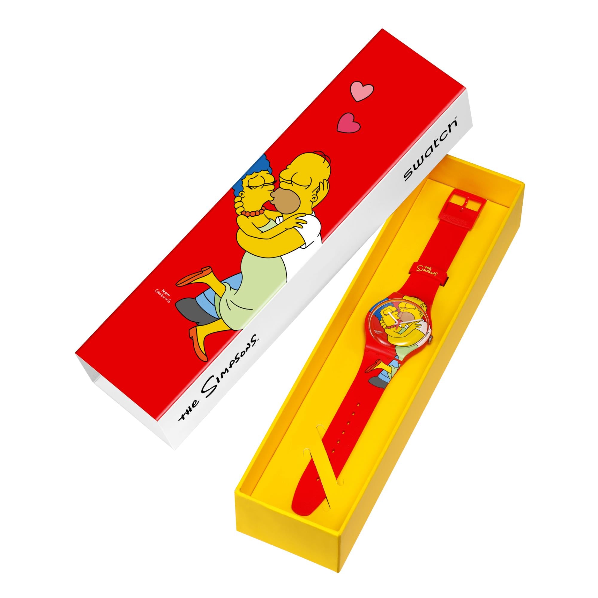 Swatch Die Simpsons Kollektion Süße Umarmung Quarz Rotes Zifferblatt Silikon Uhr SO29Z120