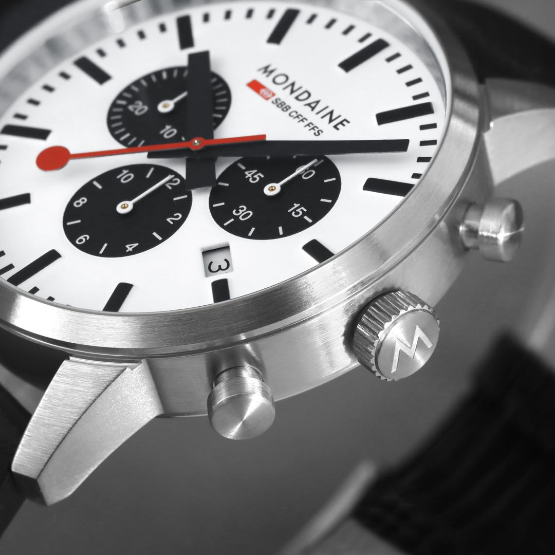 Mondaine Neo 41mm Chronograph White Dial Leather Mens Quartz Watch MSD.41410.LBV