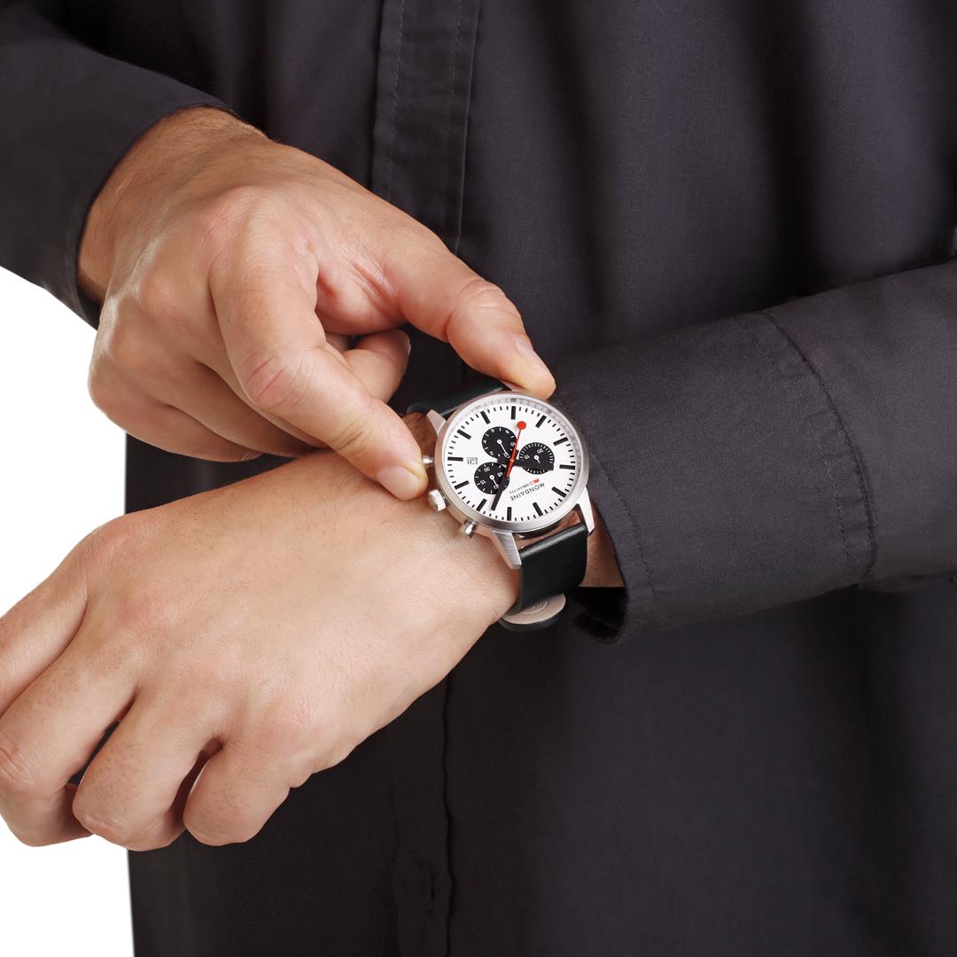 Mondaine Neo 41mm Chronograph White Dial Leather Mens Quartz Watch MSD.41410.LBV