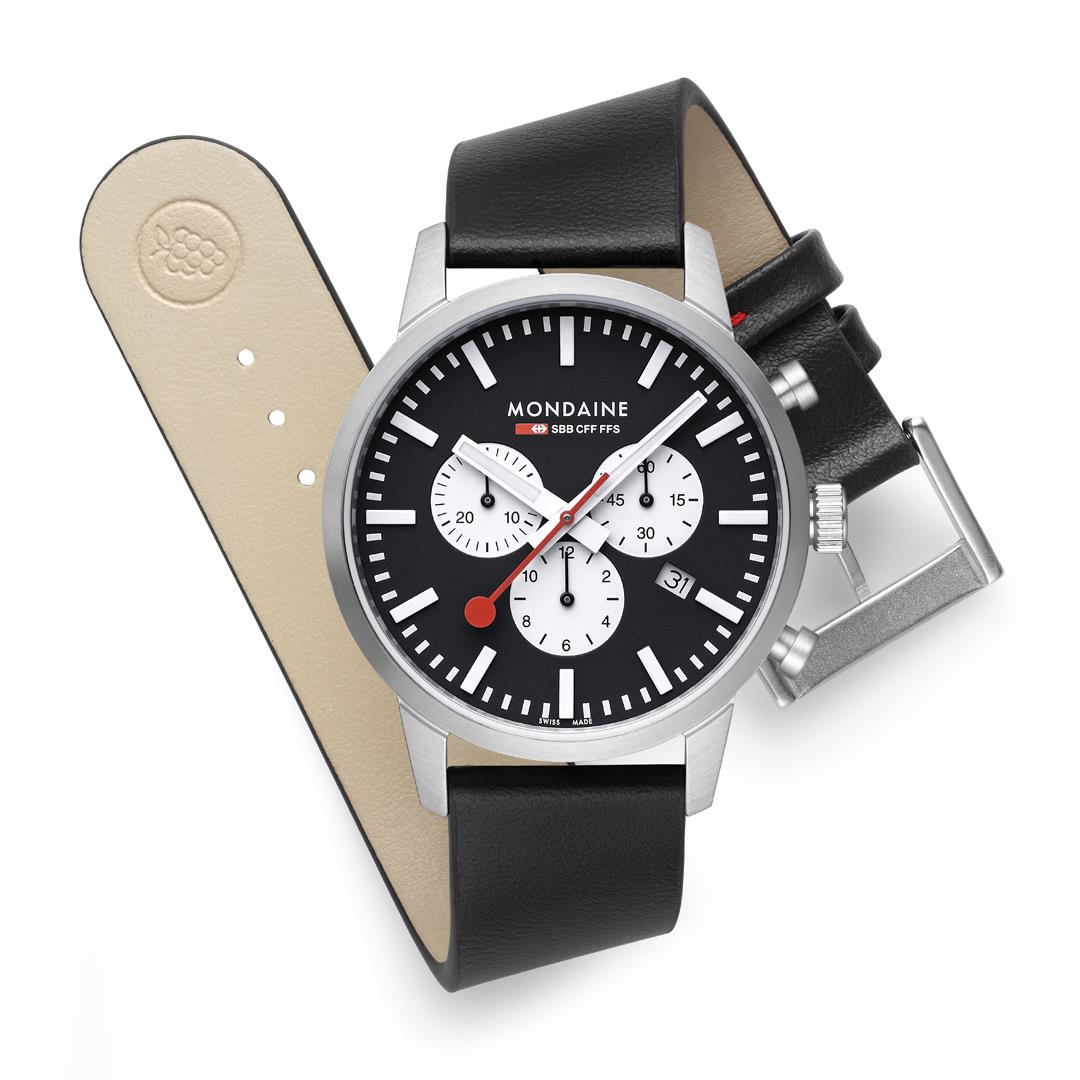 Mondaine Neo 41mm Chronograph Black Dial Leather Mens Quartz Watch MSD.41420.LBV