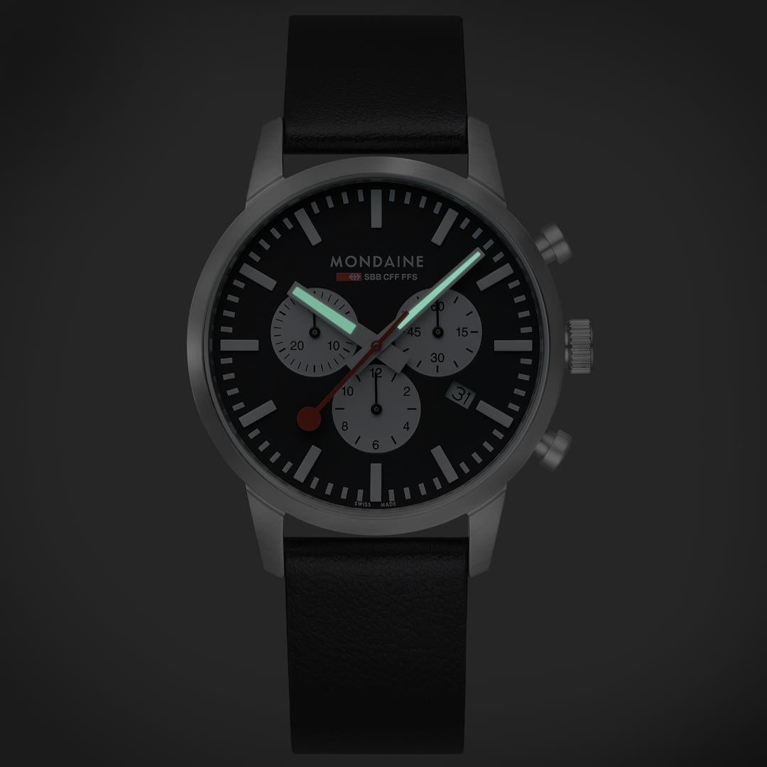 Mondaine Neo 41mm Chronograph Black Dial Leather Mens Quartz Watch MSD.41420.LBV