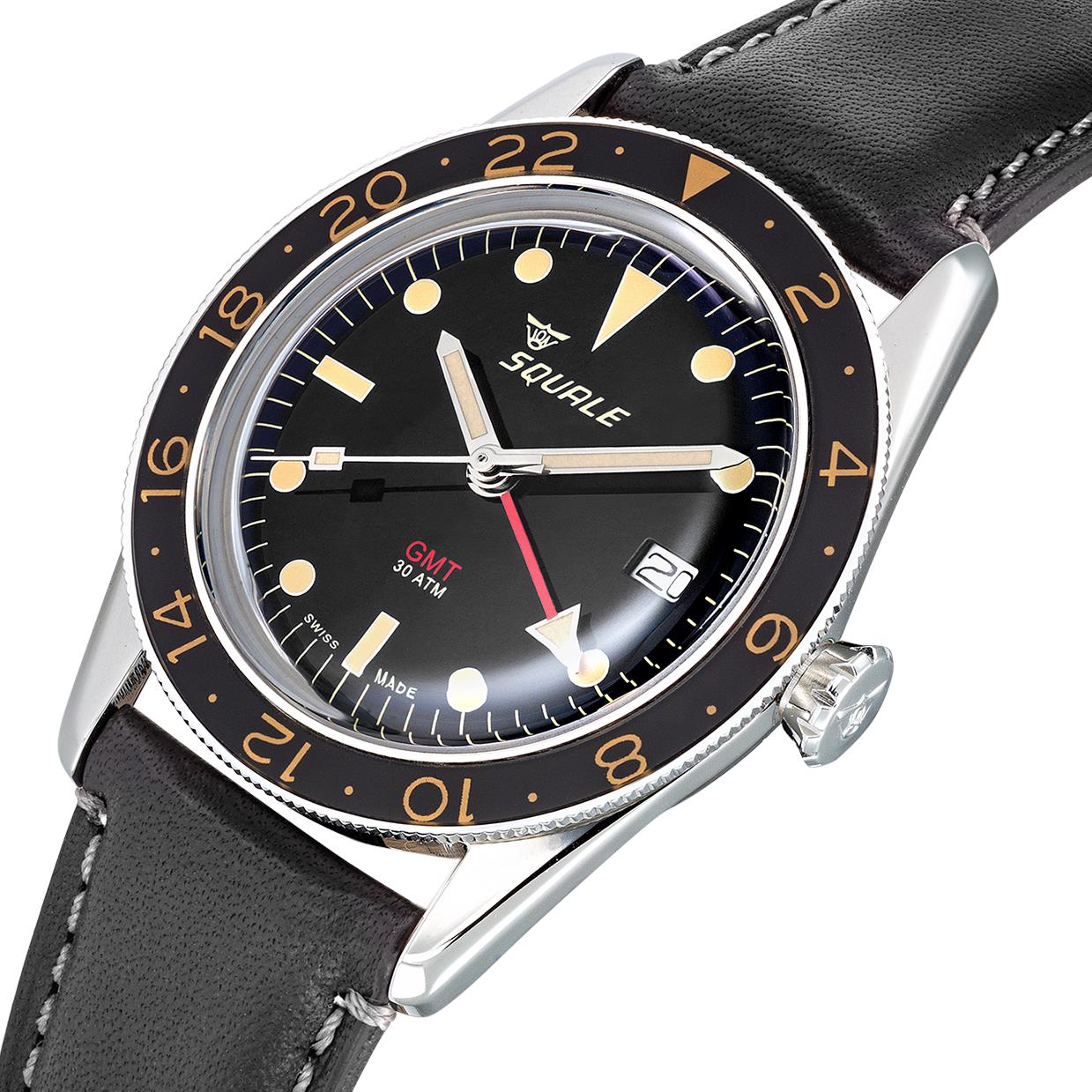 Squale Sub-39 GMT Vintage Automatik Schwarzes Zifferblatt Schwarzes Lederarmband Herren Uhr SUB39GMTV.PN