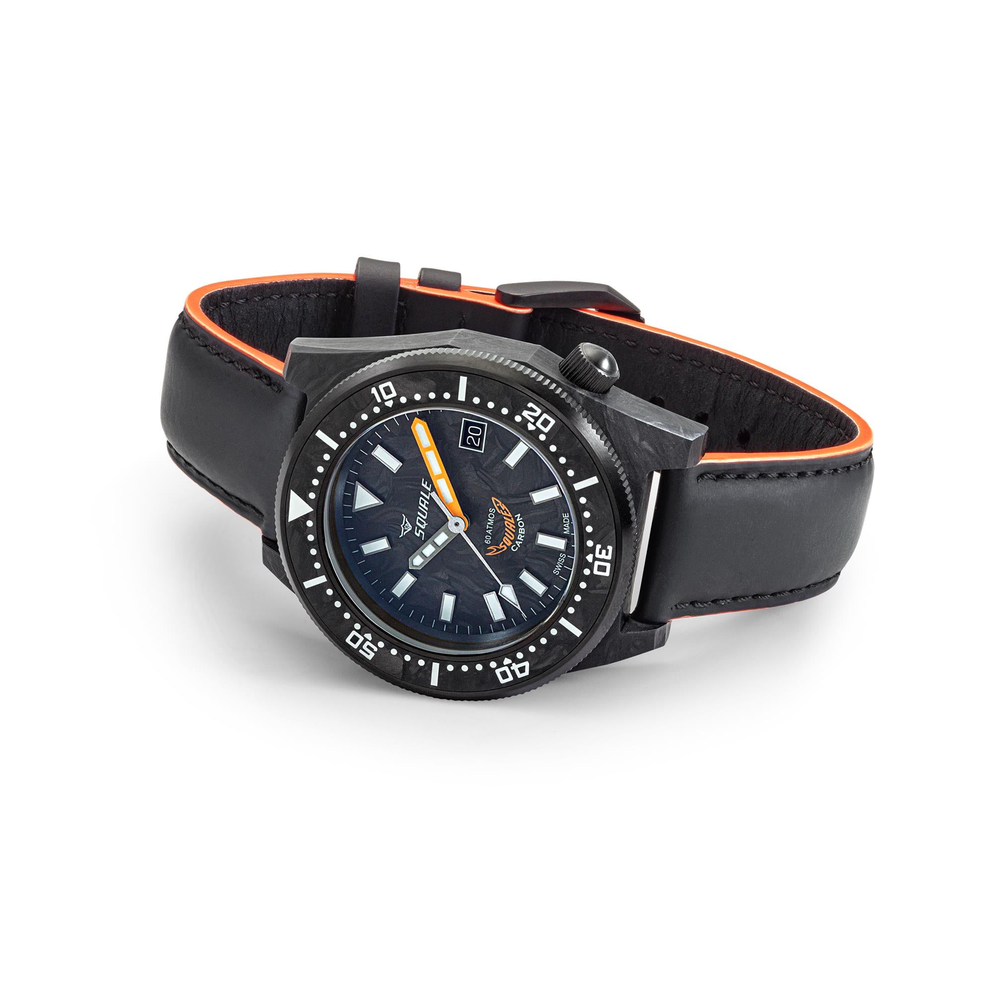 Squale T-183 Geschmiedeter Carbon Automatik Graues/Carbon Zifferblatt Schwarzes gummiertes Lederarmband Herren Uhr T183AFCOR.RLOR
