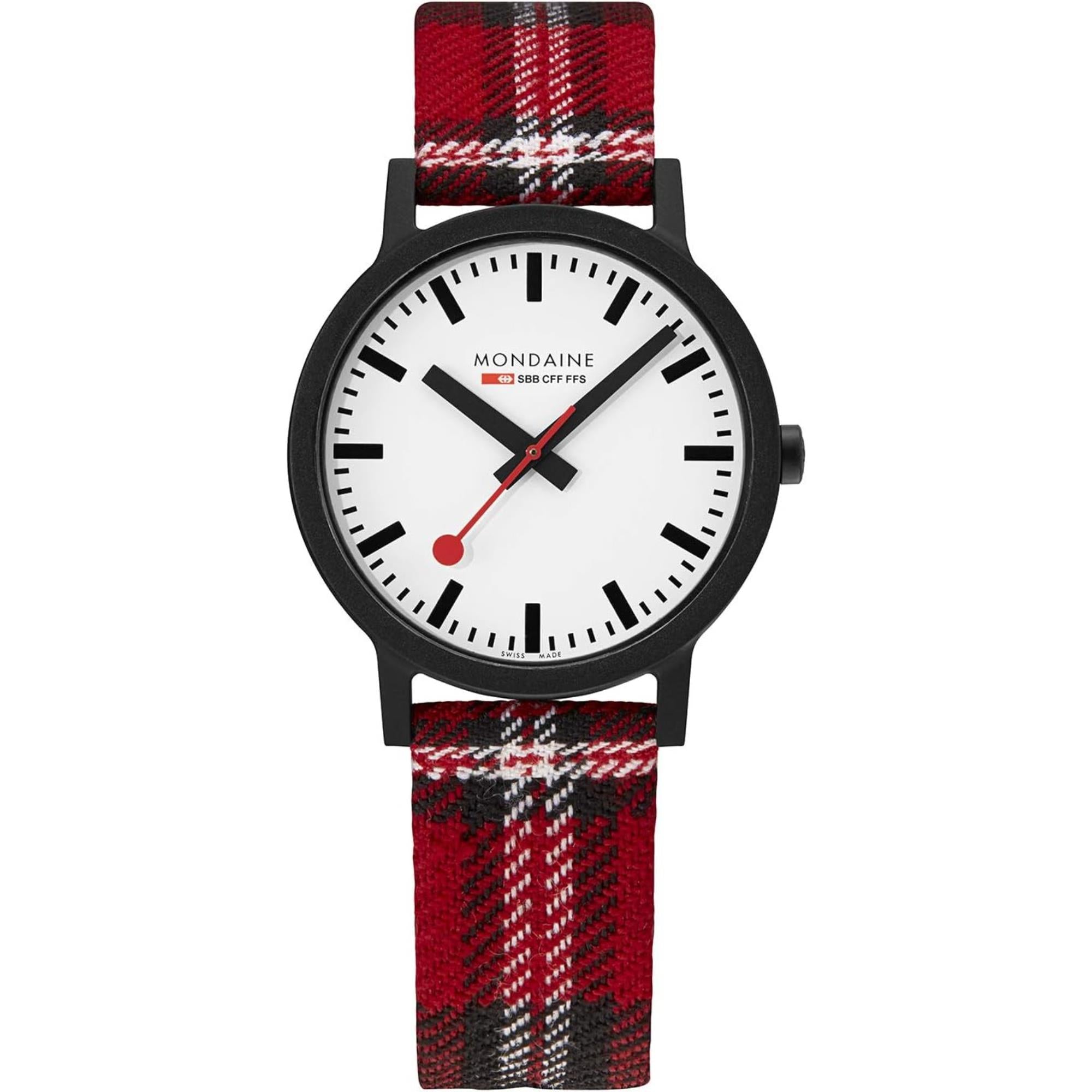 Mondaine Essence Quarz Schwarzes PVD Weißes Zifferblatt Tartan Korkarmband Uhr MS1.41111.LC
