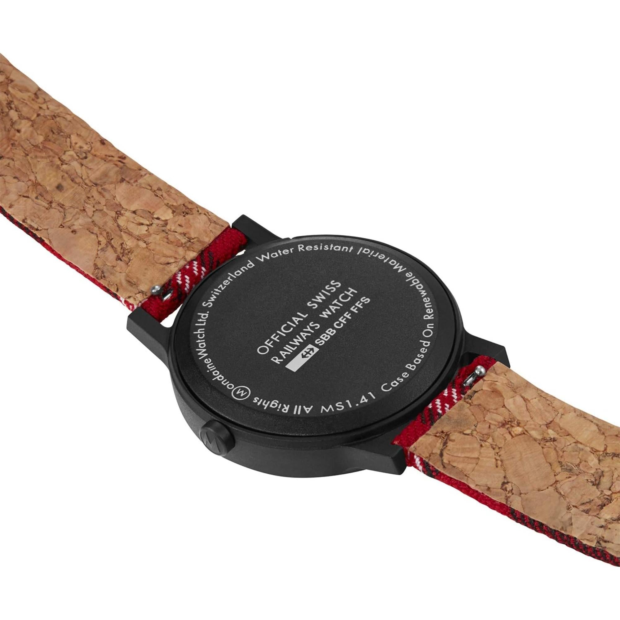 Mondaine Essence Quarz Schwarzes PVD Weißes Zifferblatt Tartan Korkarmband Uhr MS1.41111.LC