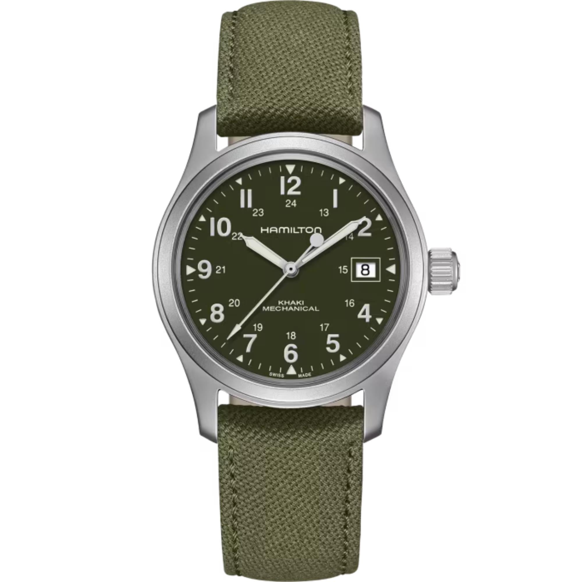 Hamilton Khaki Field 38mm green dial canvas strap mechanical watch H69439363 front view