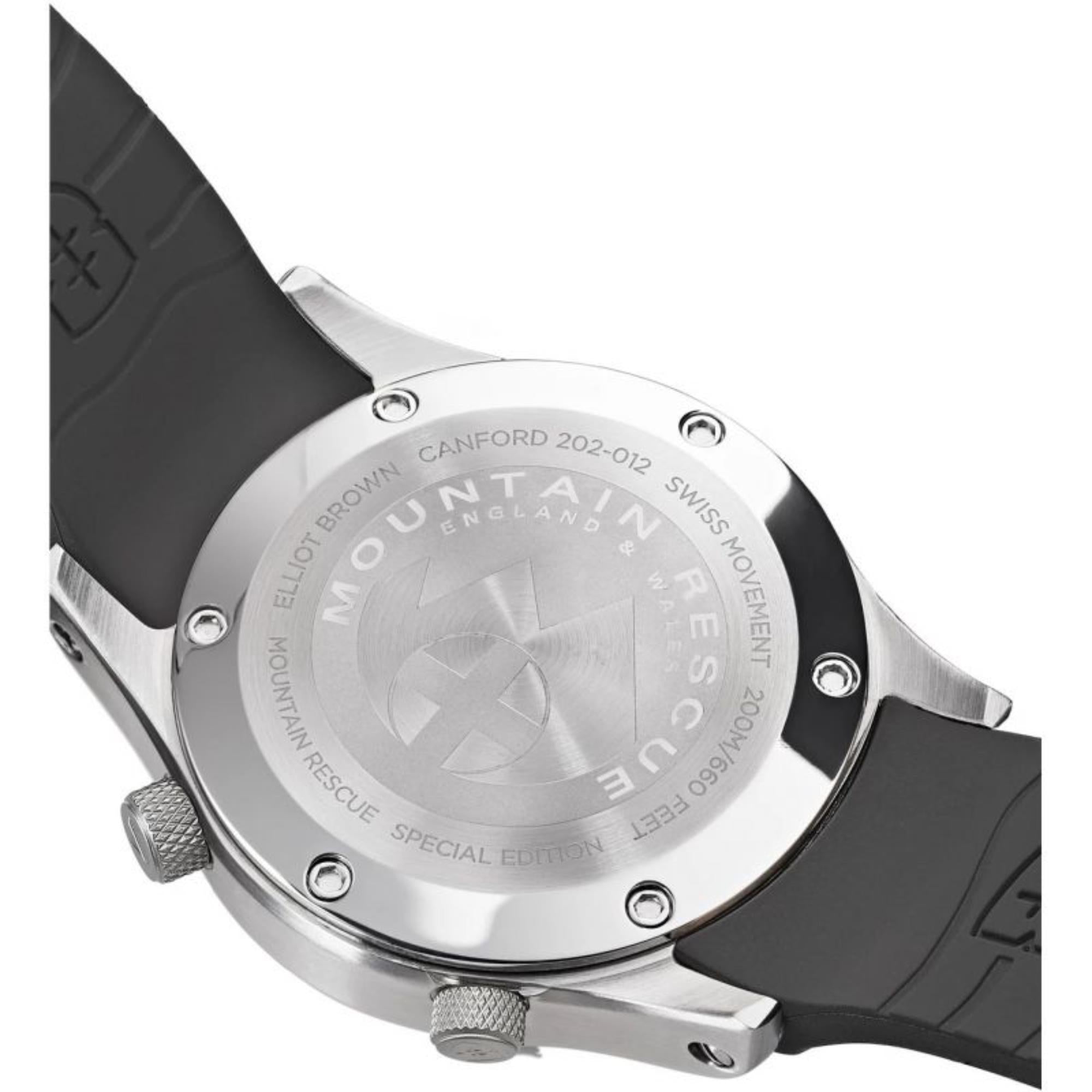 Elliot Brown Canford Mountain Rescue Schwarzes Zifferblatt Schwarzes Gummi Armband Herren Uhr 202-012-R01