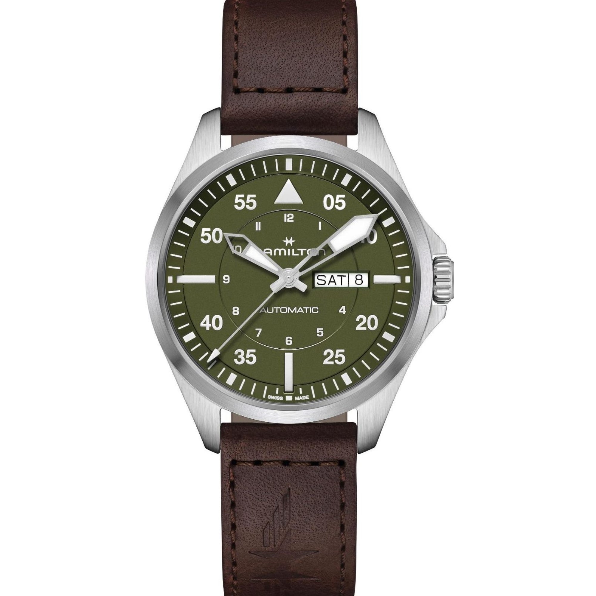 1.Hamilton Khaki Aviation 42mm Pilot Day Date olive-green dial leather automatic watch H64635560 front view