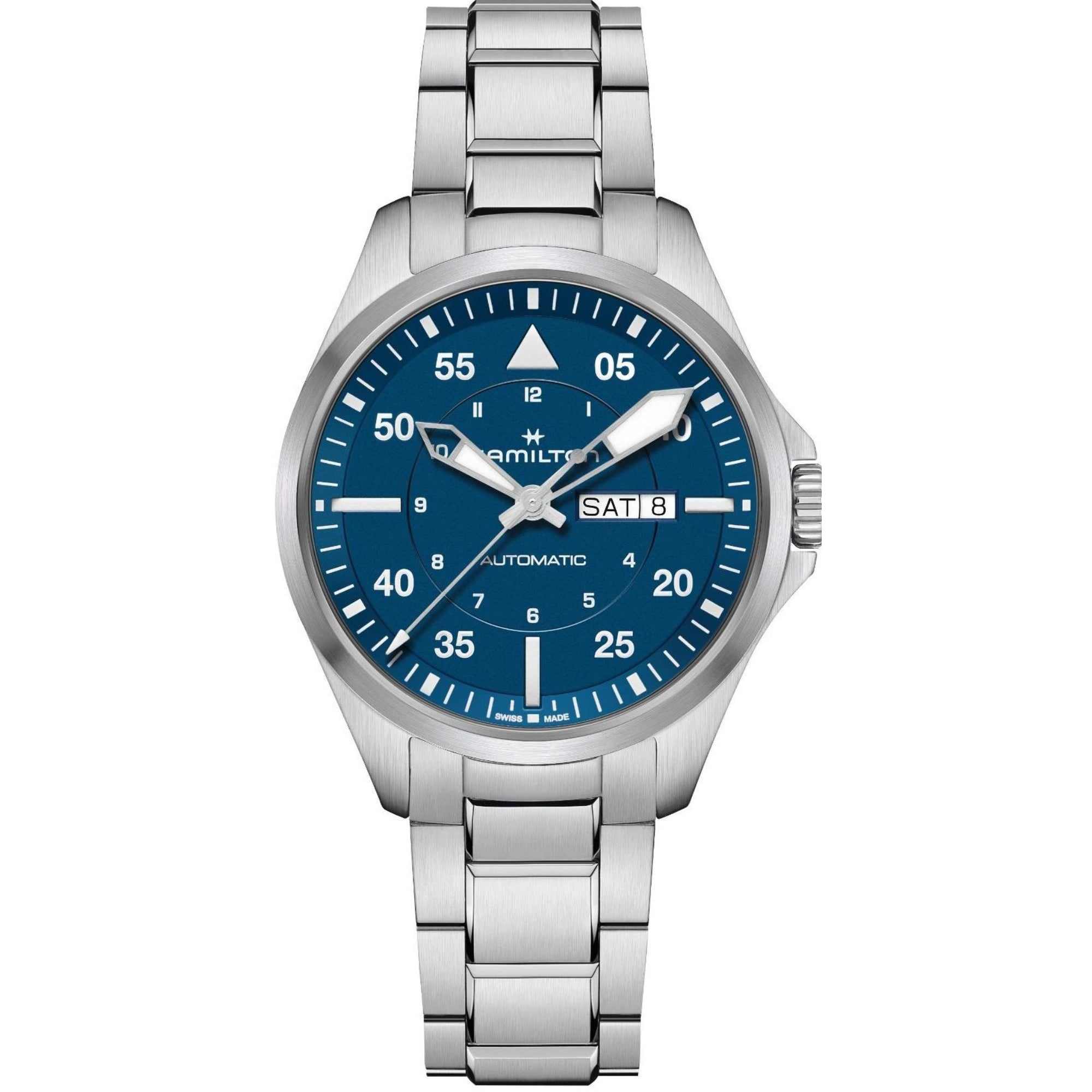 Hamilton Khaki Aviation 42mm blue dial steel day date automatic watch H64635140 front view