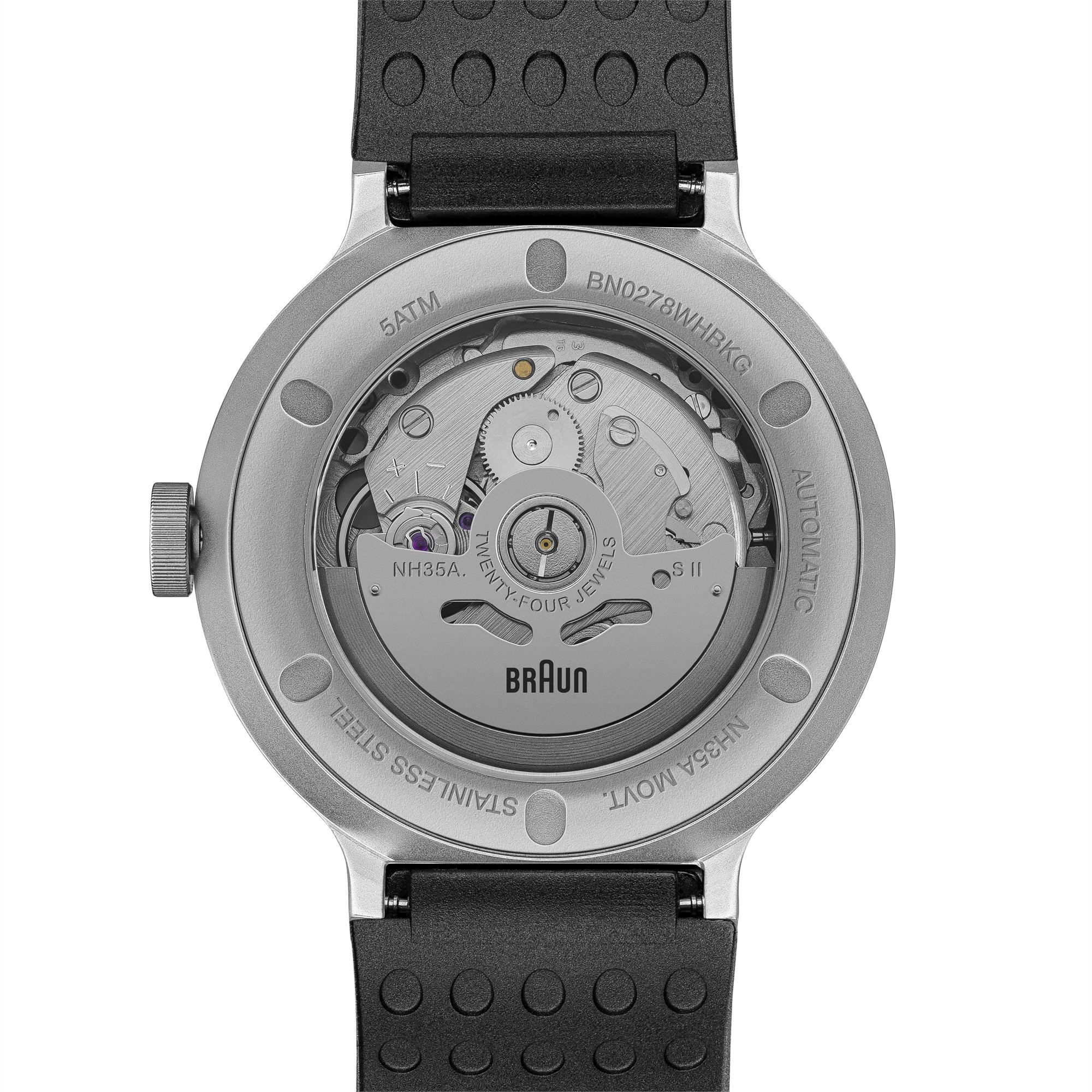 Braun Prestige Automatik Weiß Zifferblatt Schwarzes Gummiarmband Herren Uhr BN0278WHBKG