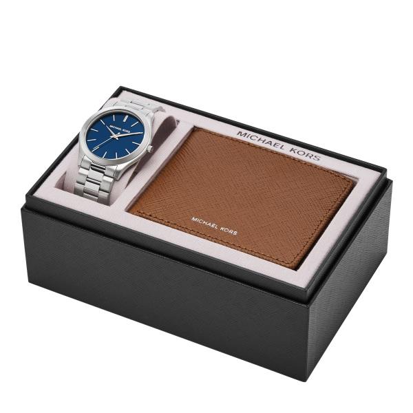 Michael Kors Slim Runway Blue Dial Steel Strap Men's Watch and Saffiano Leather Wallet Gift Set MK1060SET