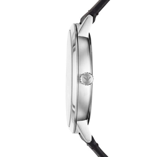 Emporio Armani Ruggero 43mm watch side angle showing polished steel details