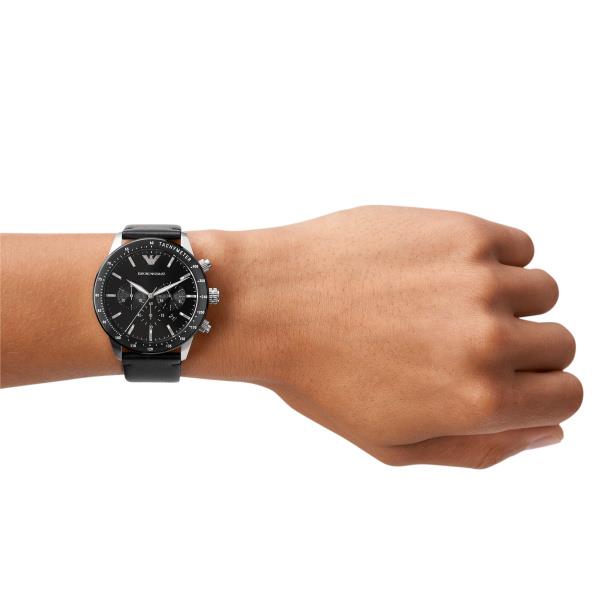 Emporio Armani Mario 43mm Chronograph Black Dial Leather Mens Quartz Watch AR11243