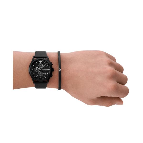 Emporio Armani Paolo 42mm Chronograph Black Dial Leather Mens Quartz Watch and Bracelet Gift Set AR80070SET