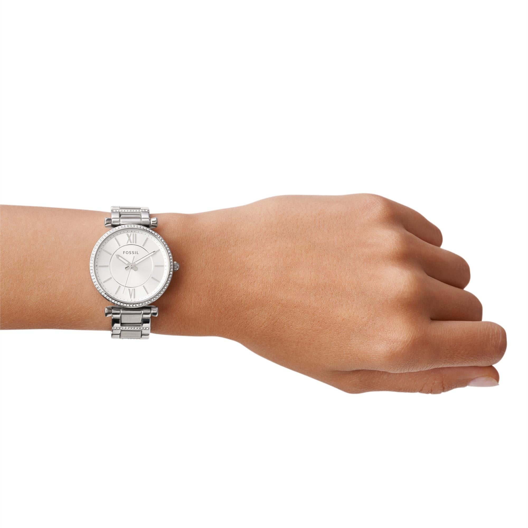 Fossil Carlie 35mm Silbernes Zifferblatt Stahl Damen Quarz Uhr ES4341