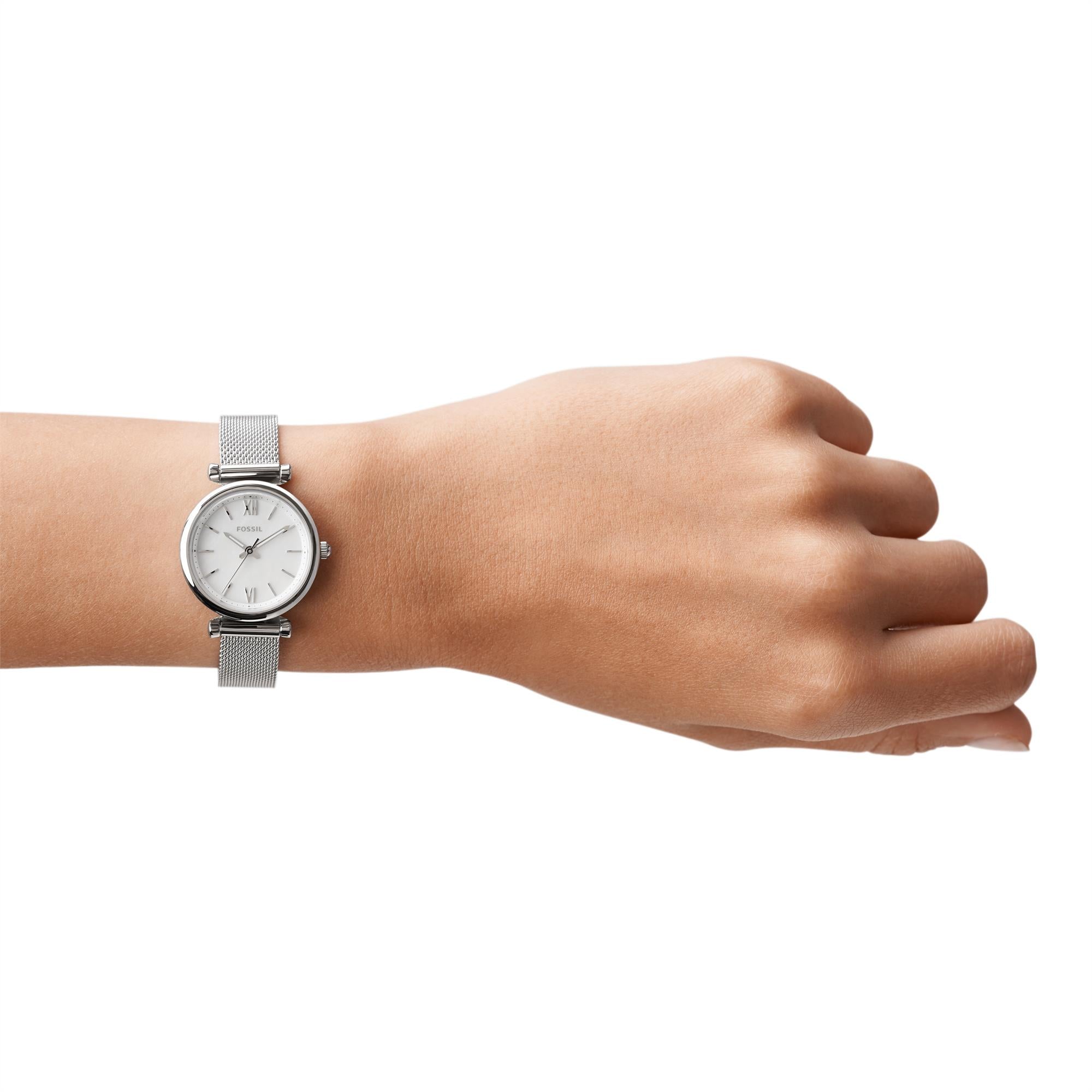 Fossil Carlie 28mm Mother of Pearl Dial Steel Ladies Quartz Watch ES4432
