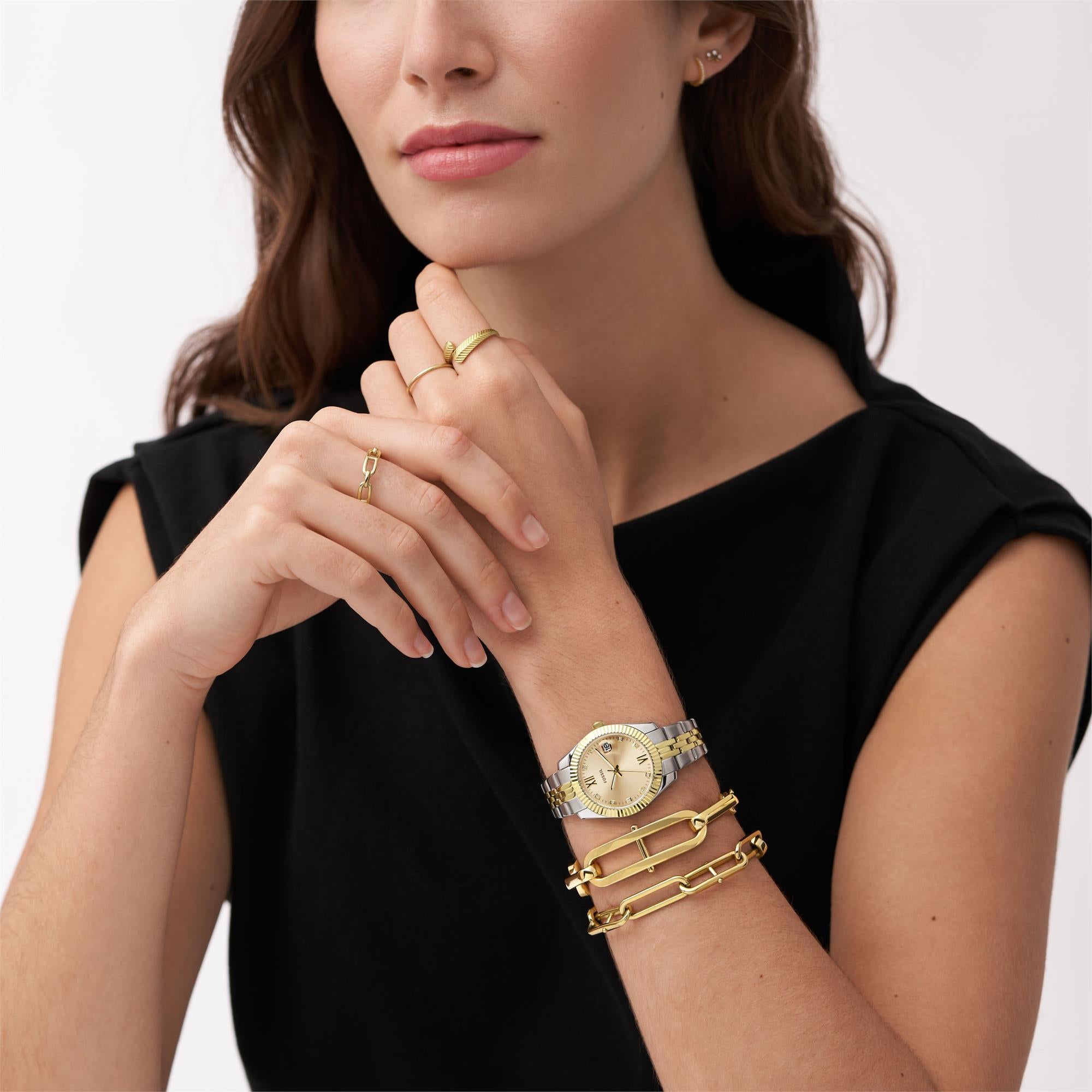 Fossil Scarlette 33mm Goldenes Zifferblatt Stahl Damen Quarz Uhr ES4949