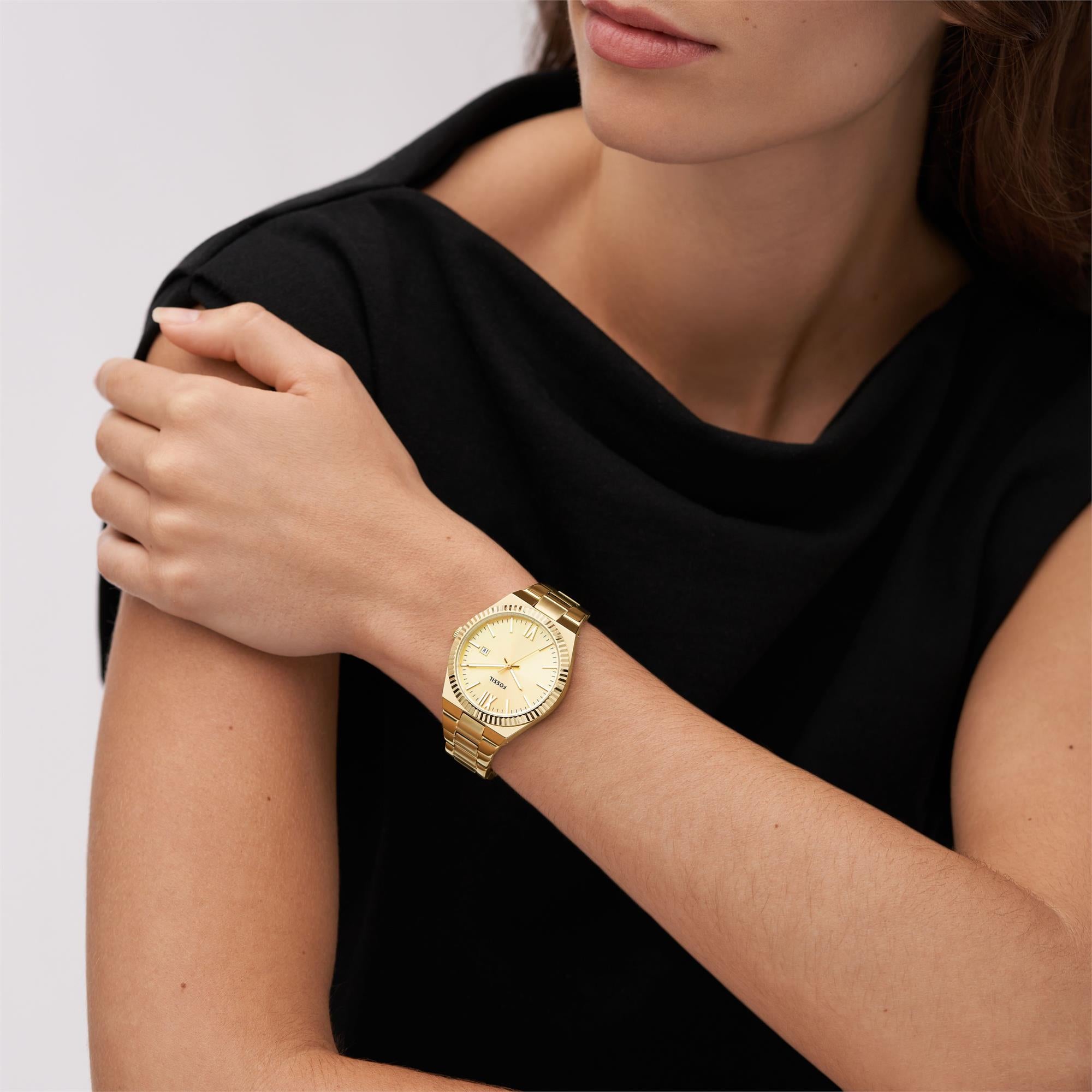 Fossil Scarlette 38mm Gold Dial Steel Ladies Quartz Watch ES5299