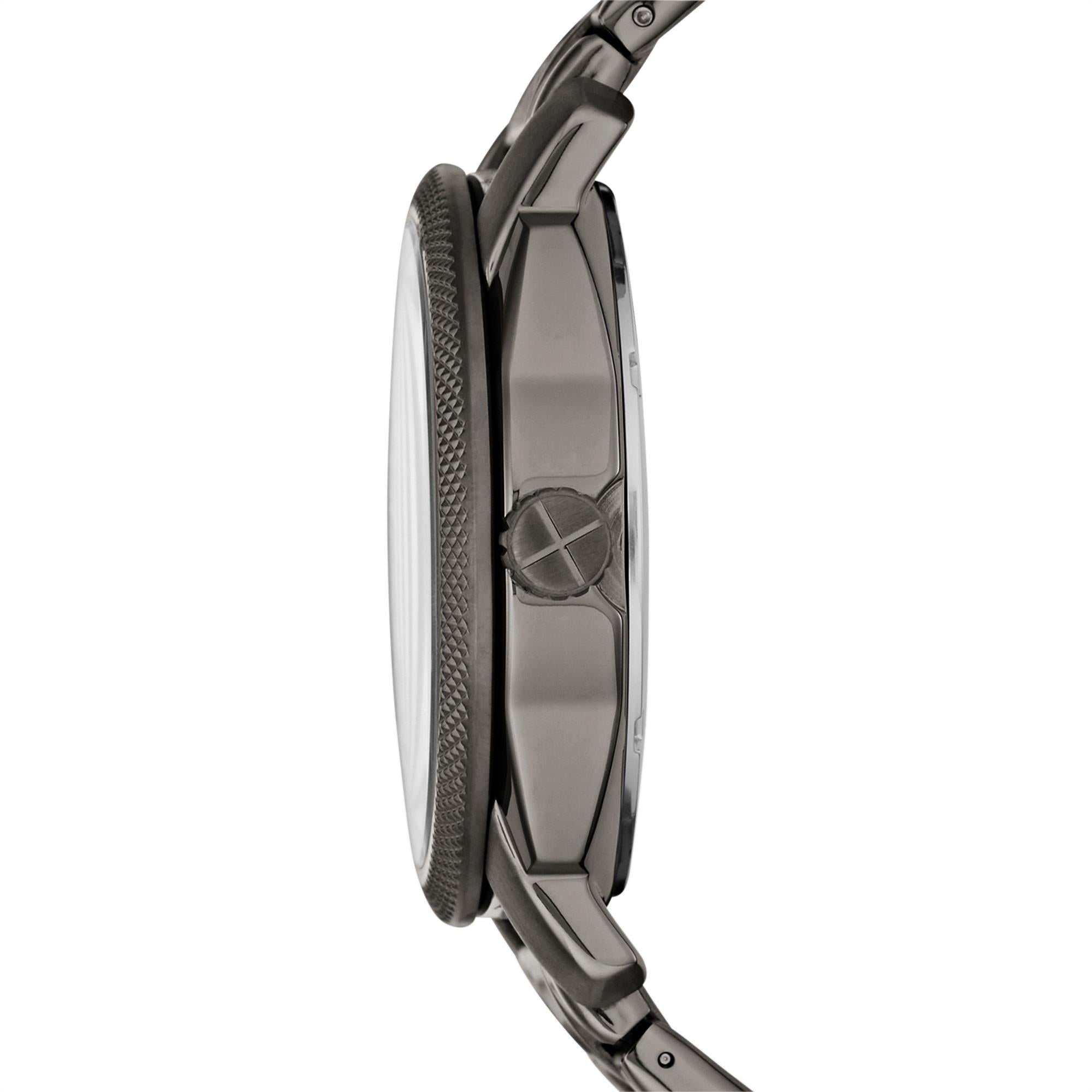 Close-up of a watch with a metallic band on a white background