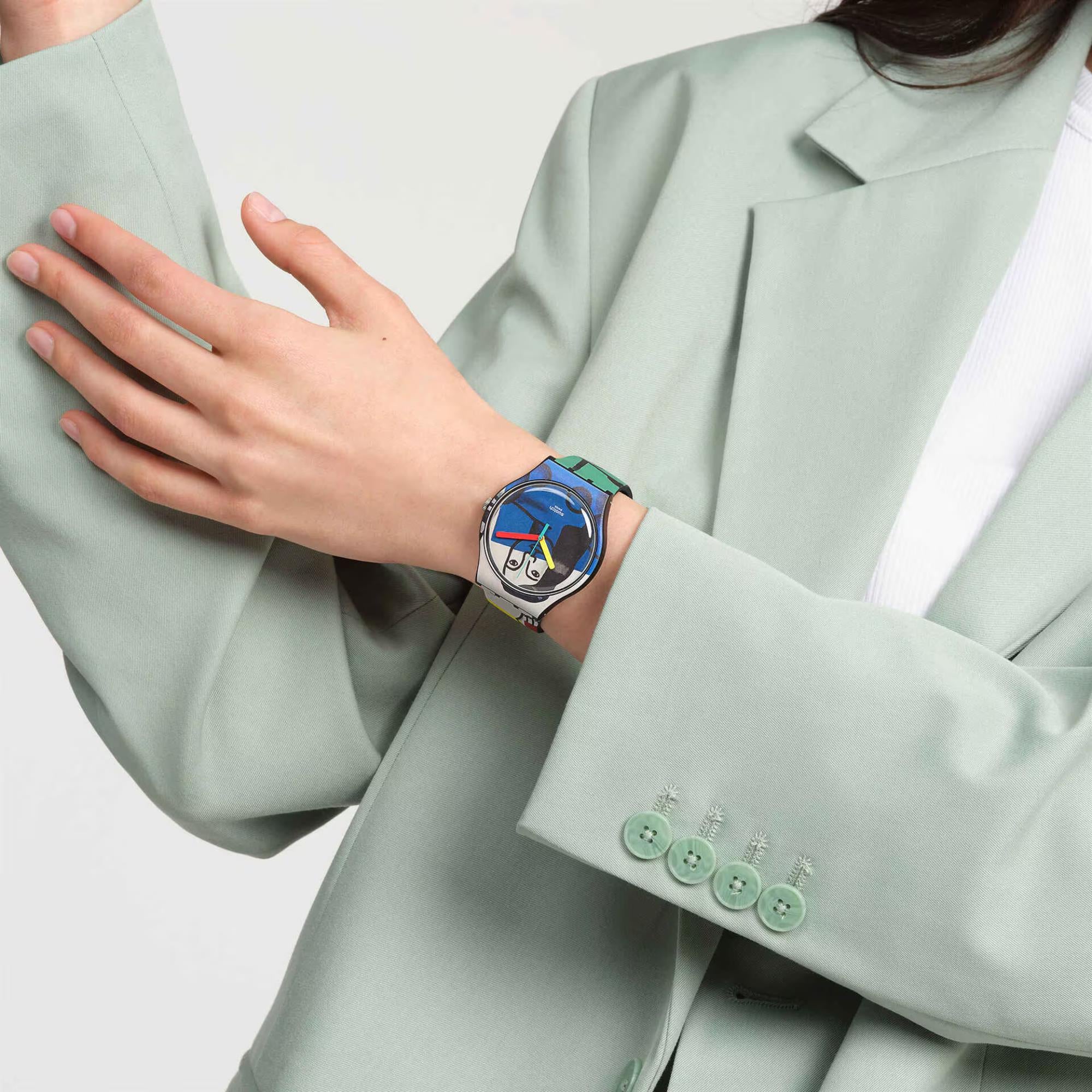 Swatch Leger's Two Women Holding Flowers Silicone Strap Watch SUOZ363C