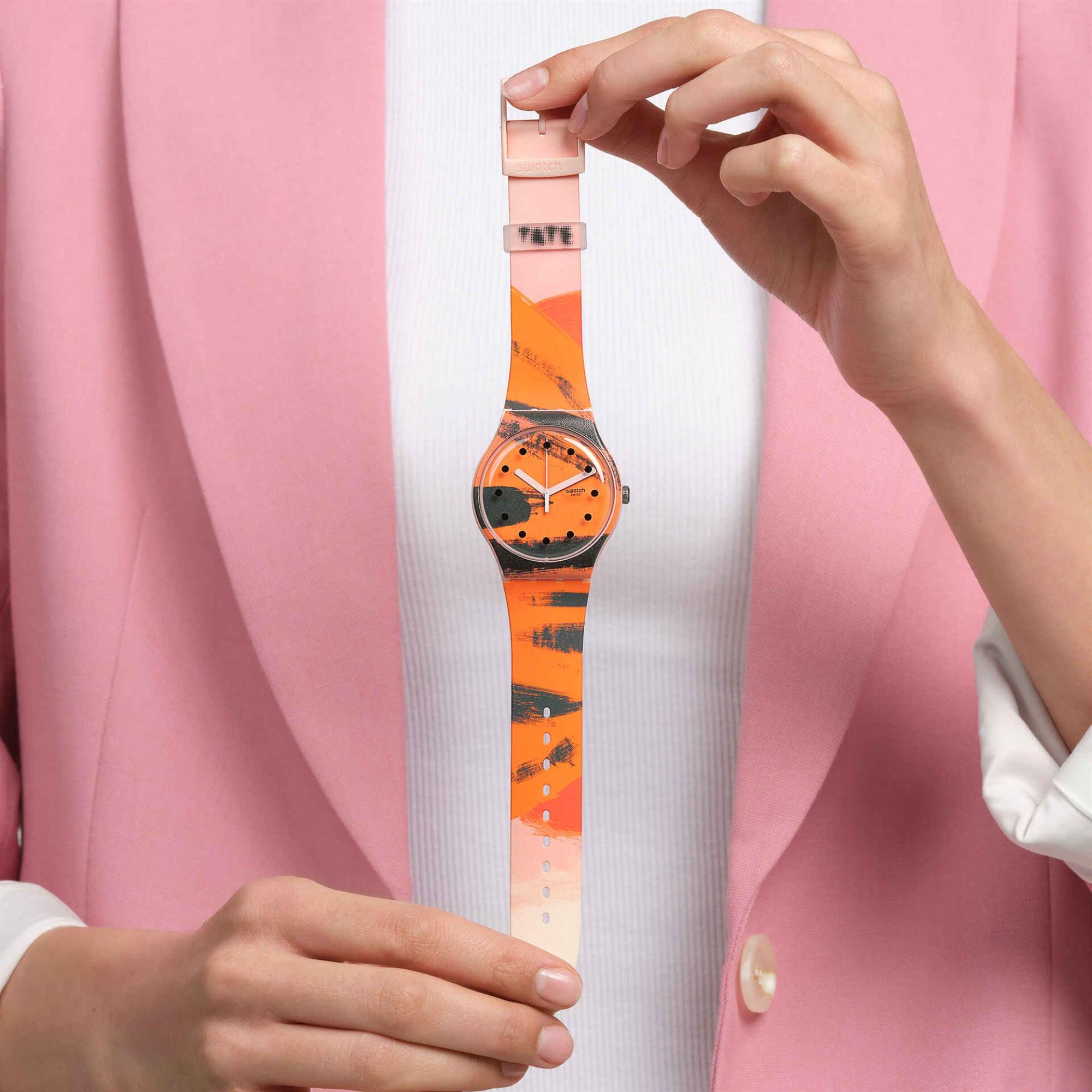 Swatch Barns-Graham's Orange und Rot auf Pink Silikonarmband Uhr SUOZ362C