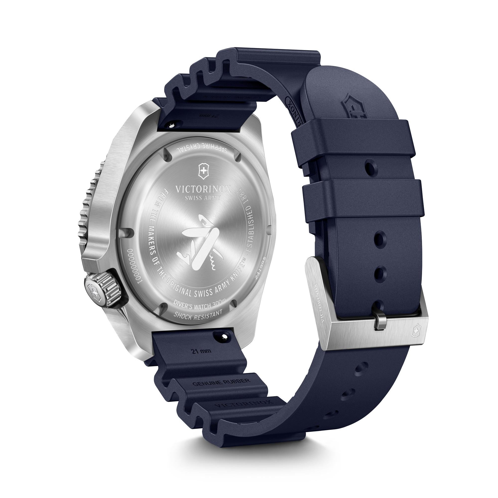 Victorinox Dive Pro 241995 stainless steel case-back with engravings including Swiss Army branding and 300m water resistance