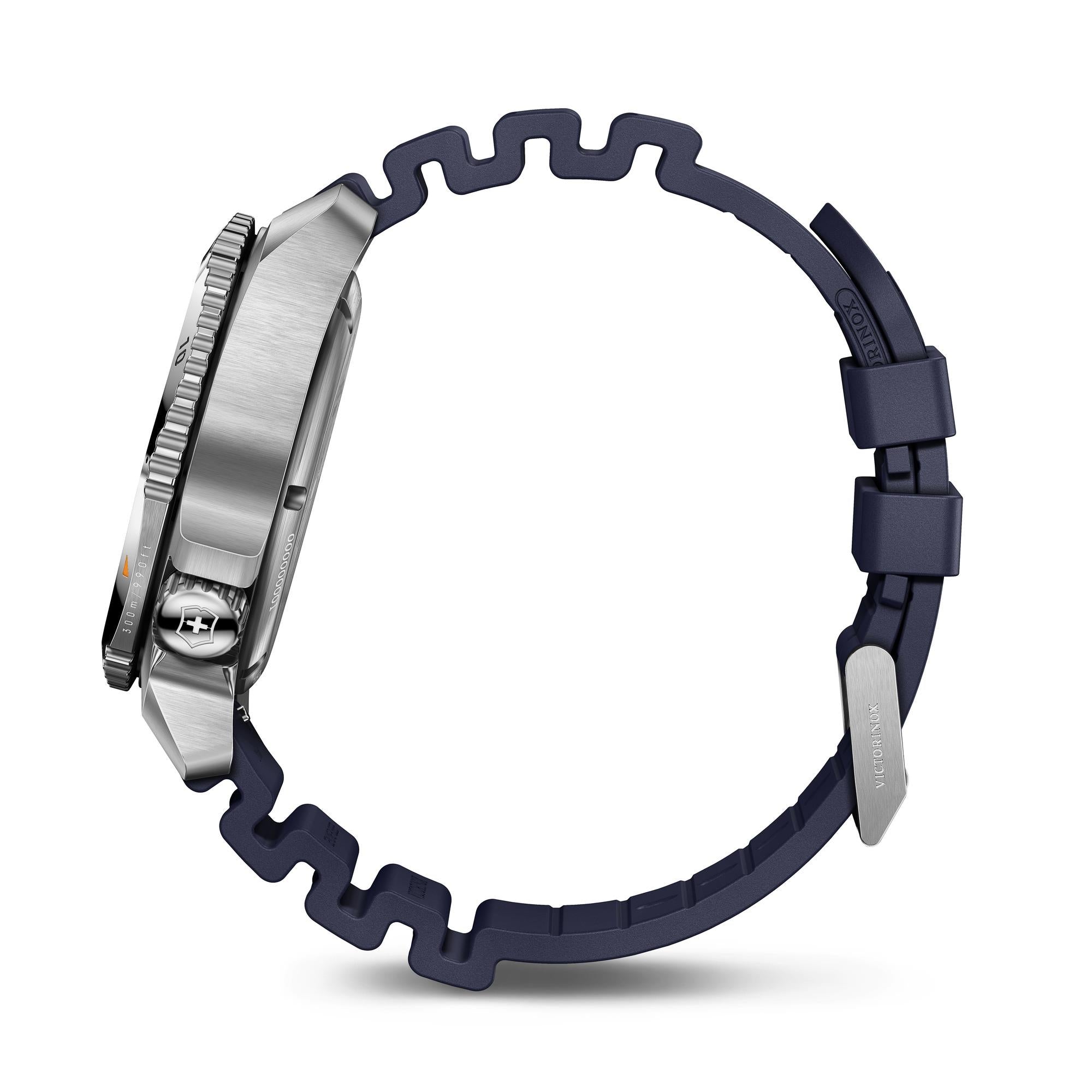 Side view of Victorinox Dive Pro 241995 showing stainless steel case, crown and navy blue rubber strap