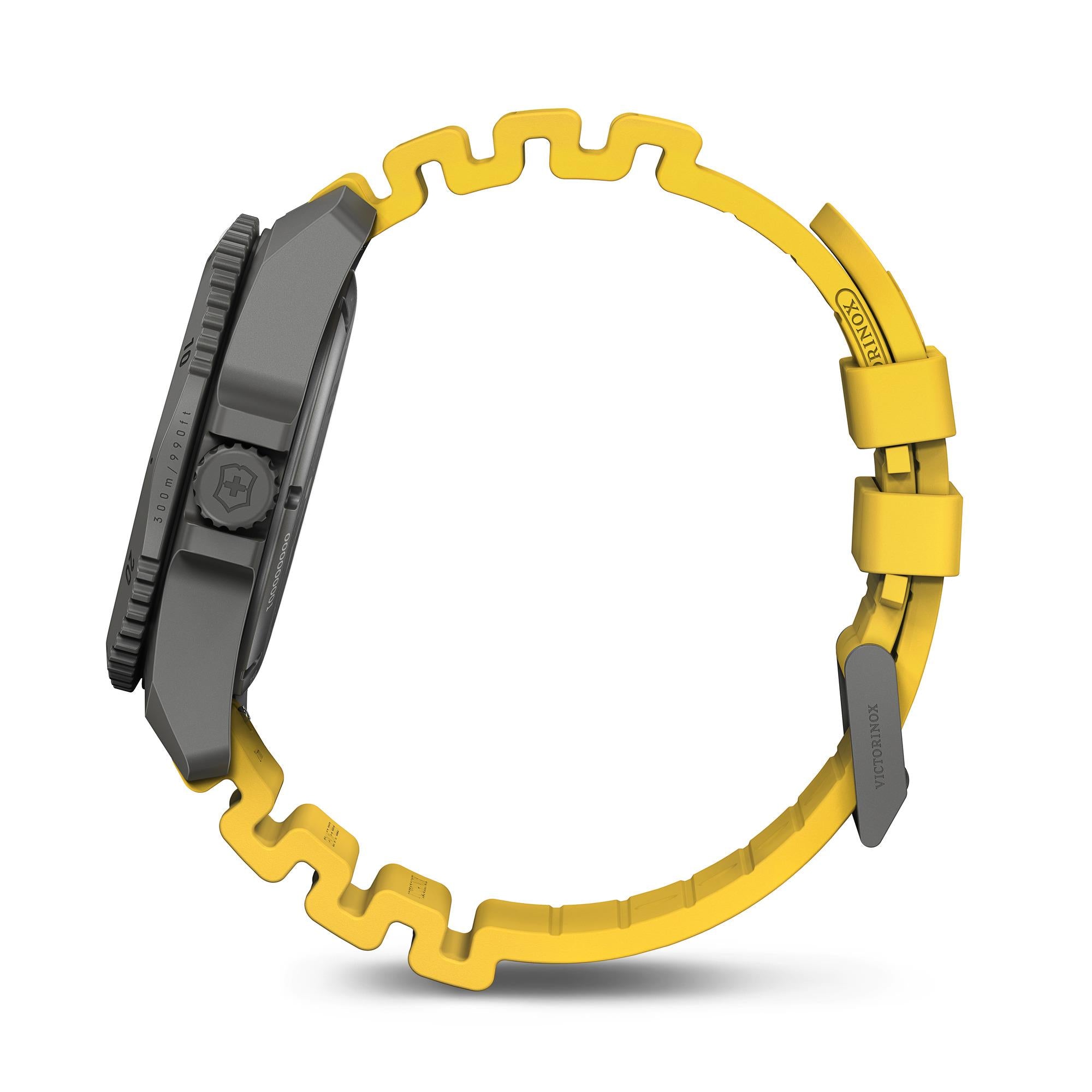 Victorinox Dive Pro 43mm Quartz titanium case with yellow rubber strap side profile