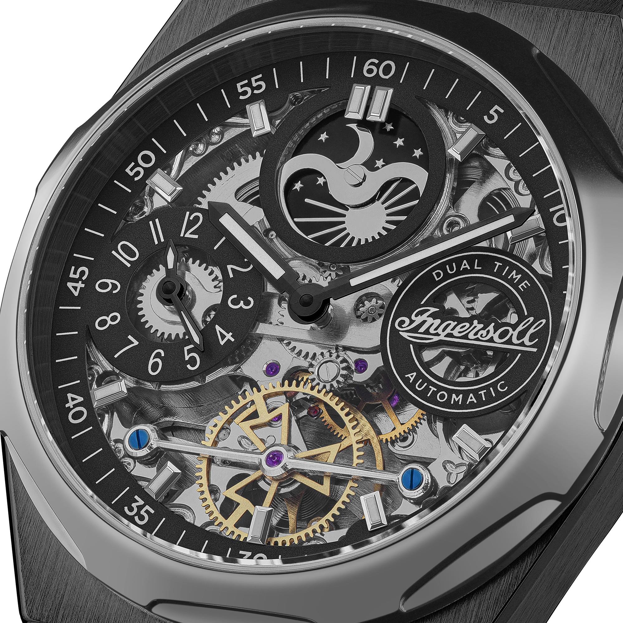 Close-up of the Ingersoll 1892 The Broadway automatic black skeleton dial black PU strap mens watch I12908 dial