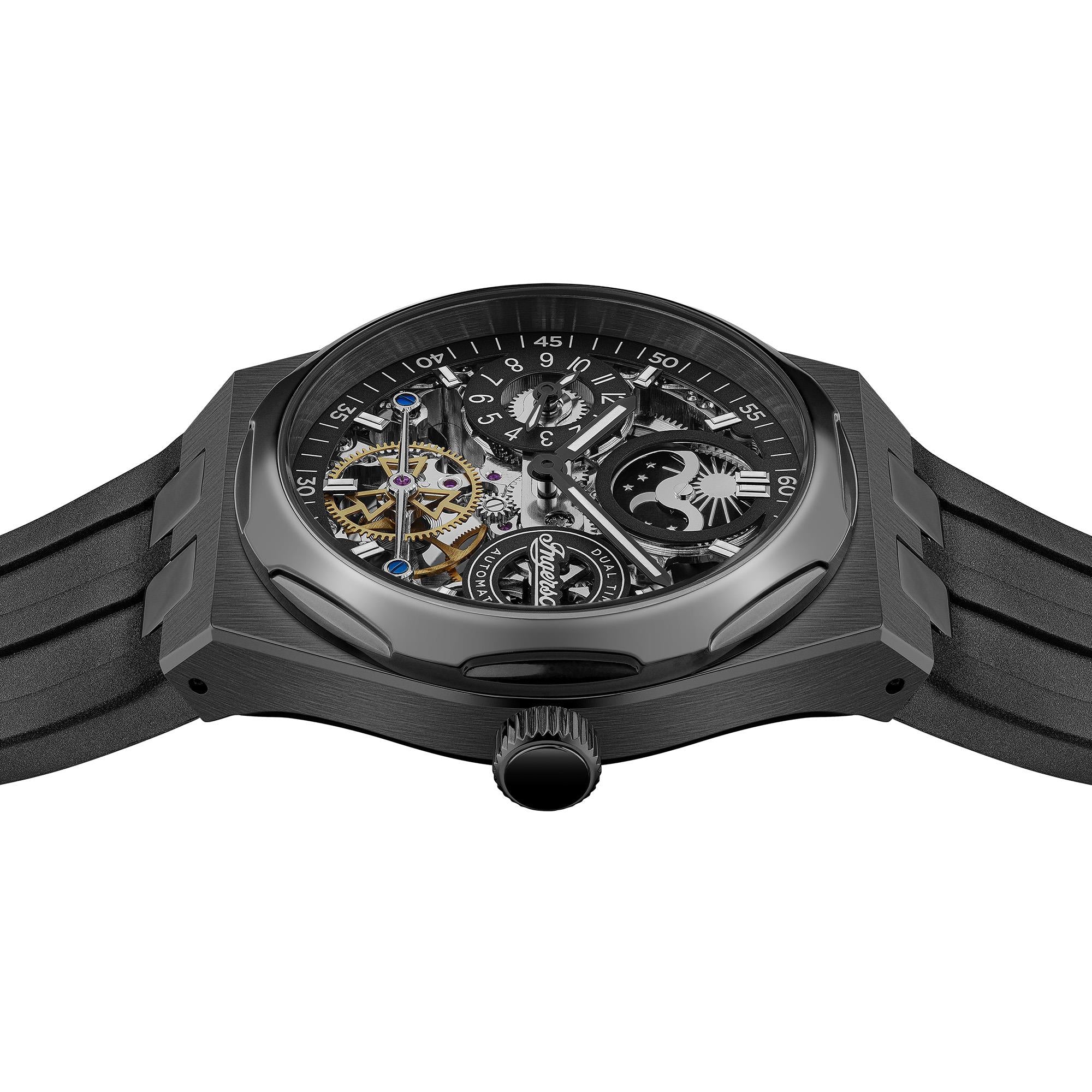 Side profile of the Ingersoll 1892 Broadway automatic watch, displaying the thickness of the black case, crown detail, and black PU/rubber strap