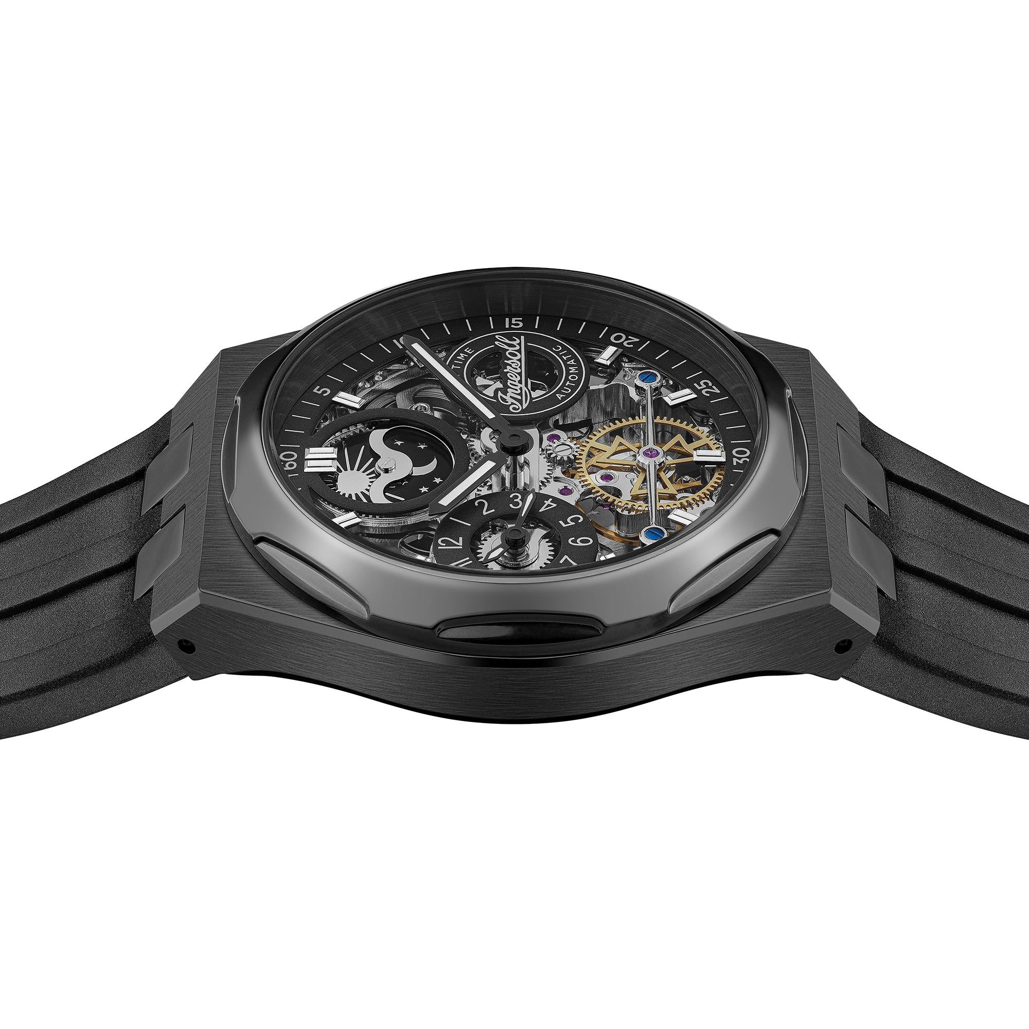 Angled side view of the Broadway Automatic mens watch, showcasing the skeleton dial, exposed movement, and black case design.