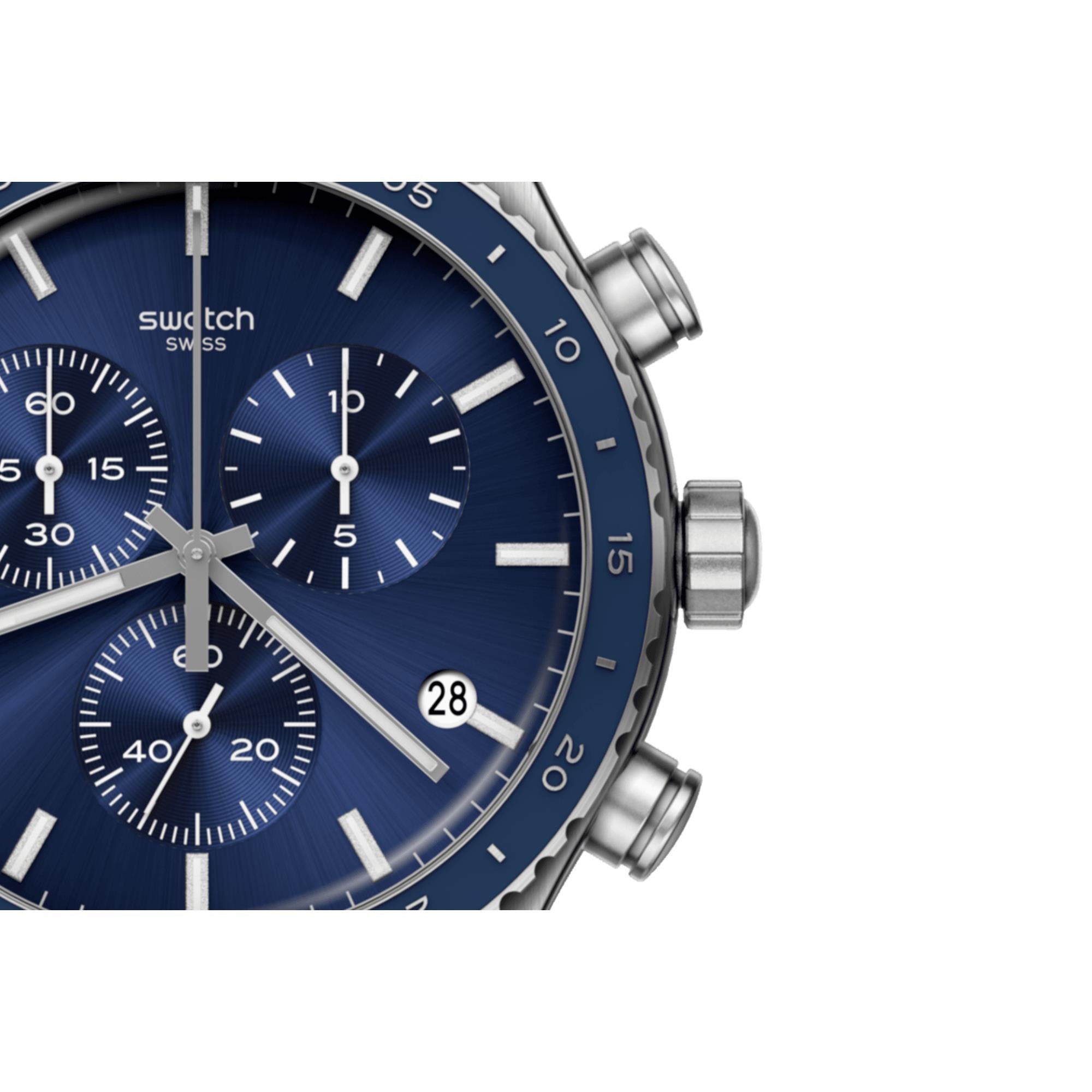 Swatch Cobalt Lagoon Chronograph Quartz Blue Dial Leather Watch YVS496