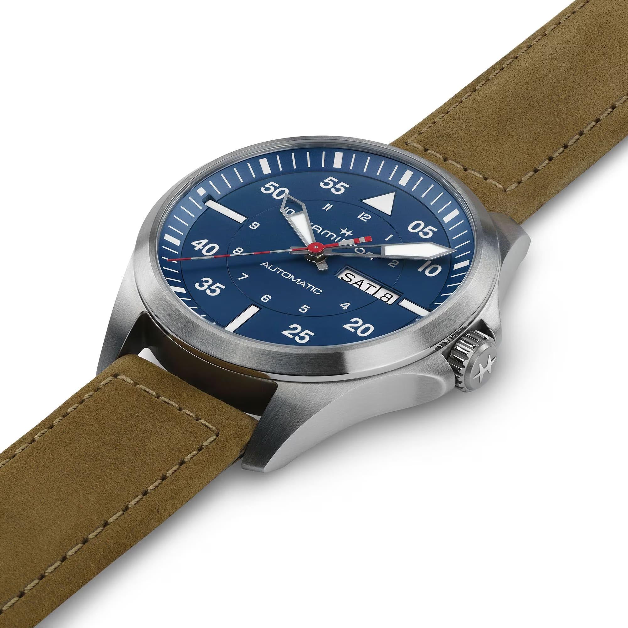 Hamilton Khaki Aviation H64655941 42mm lightweight titanium case with green strap side profile