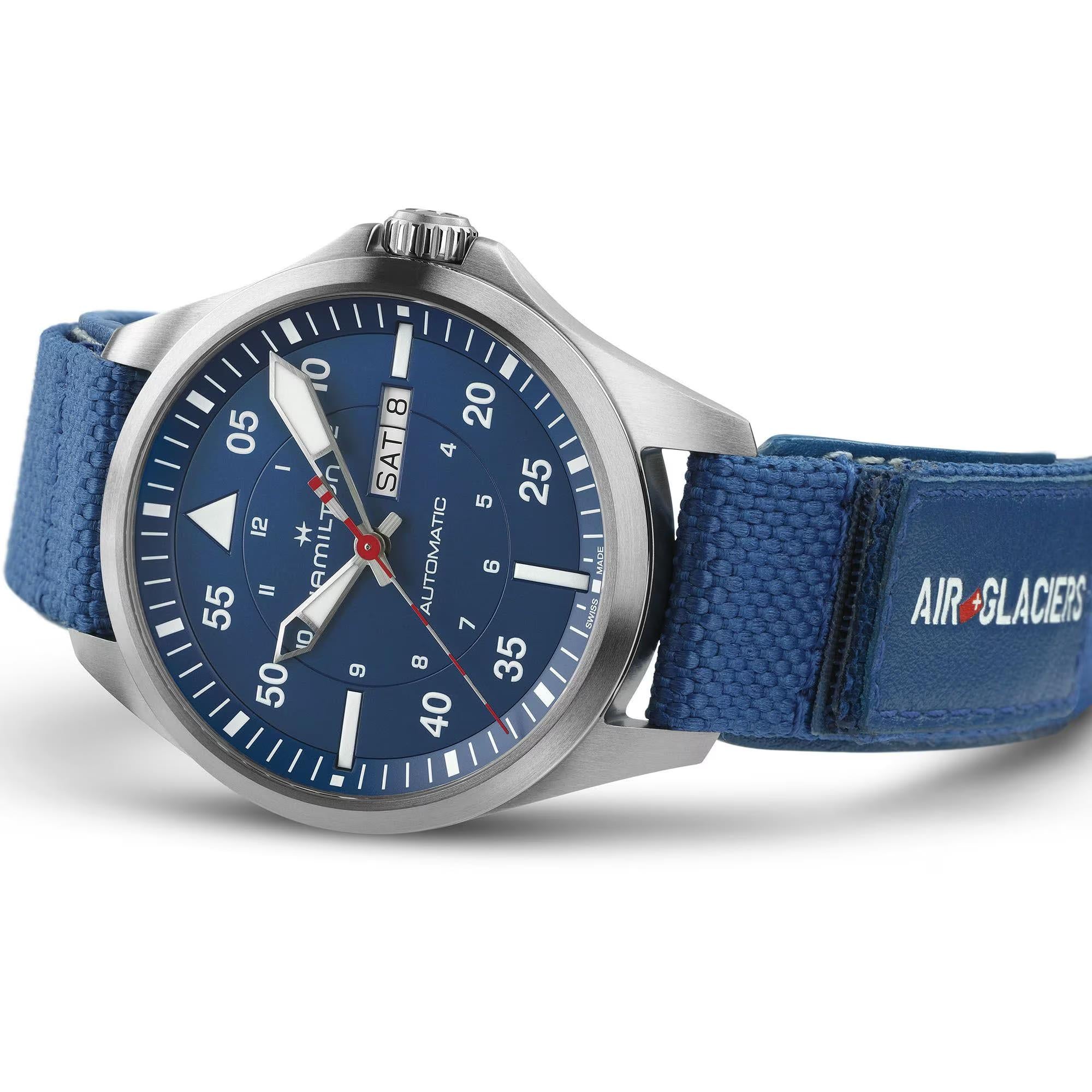 Hamilton Air-Glaciers special edition automatic watch with blue dial and blue strap featuring "AIR+GLACIERS" branding