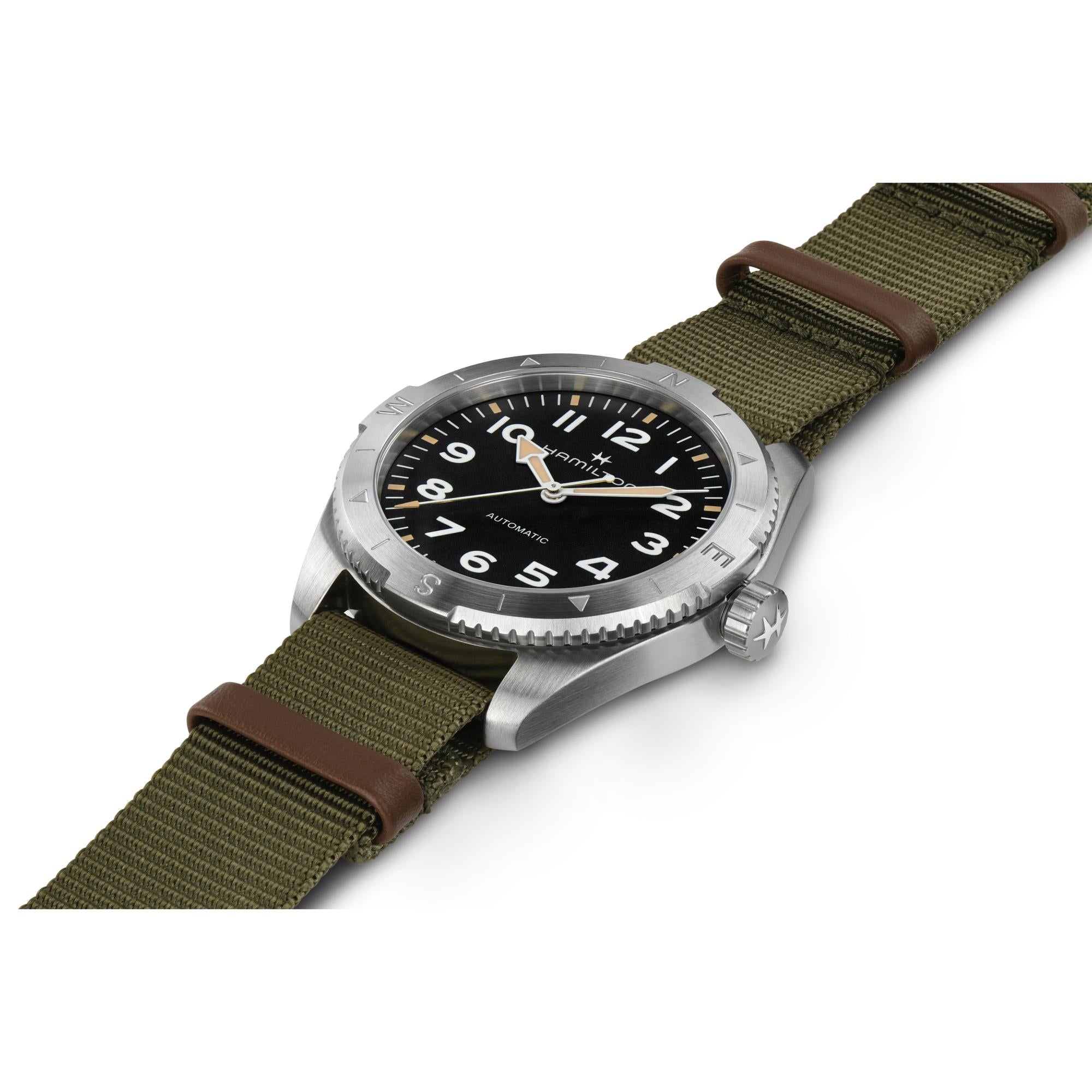 Hamilton H70315931 sand-blasted black dial with Arabic numerals and luminous hands close-up