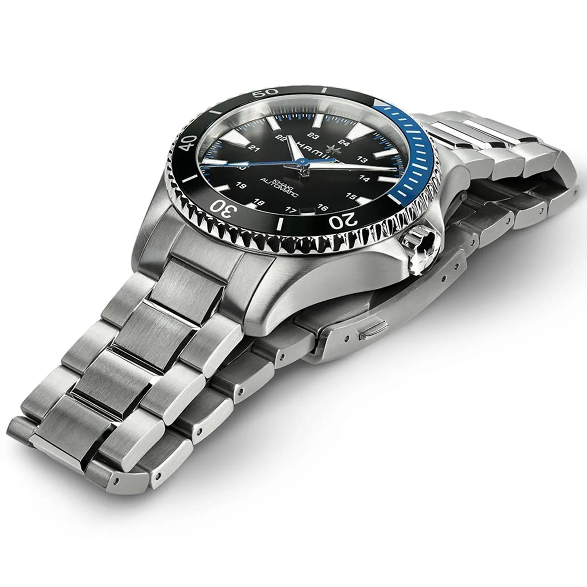 Hamilton Khaki Navy H82315131 40mm brushed steel case with bi-colour unidirectional bezel side profile