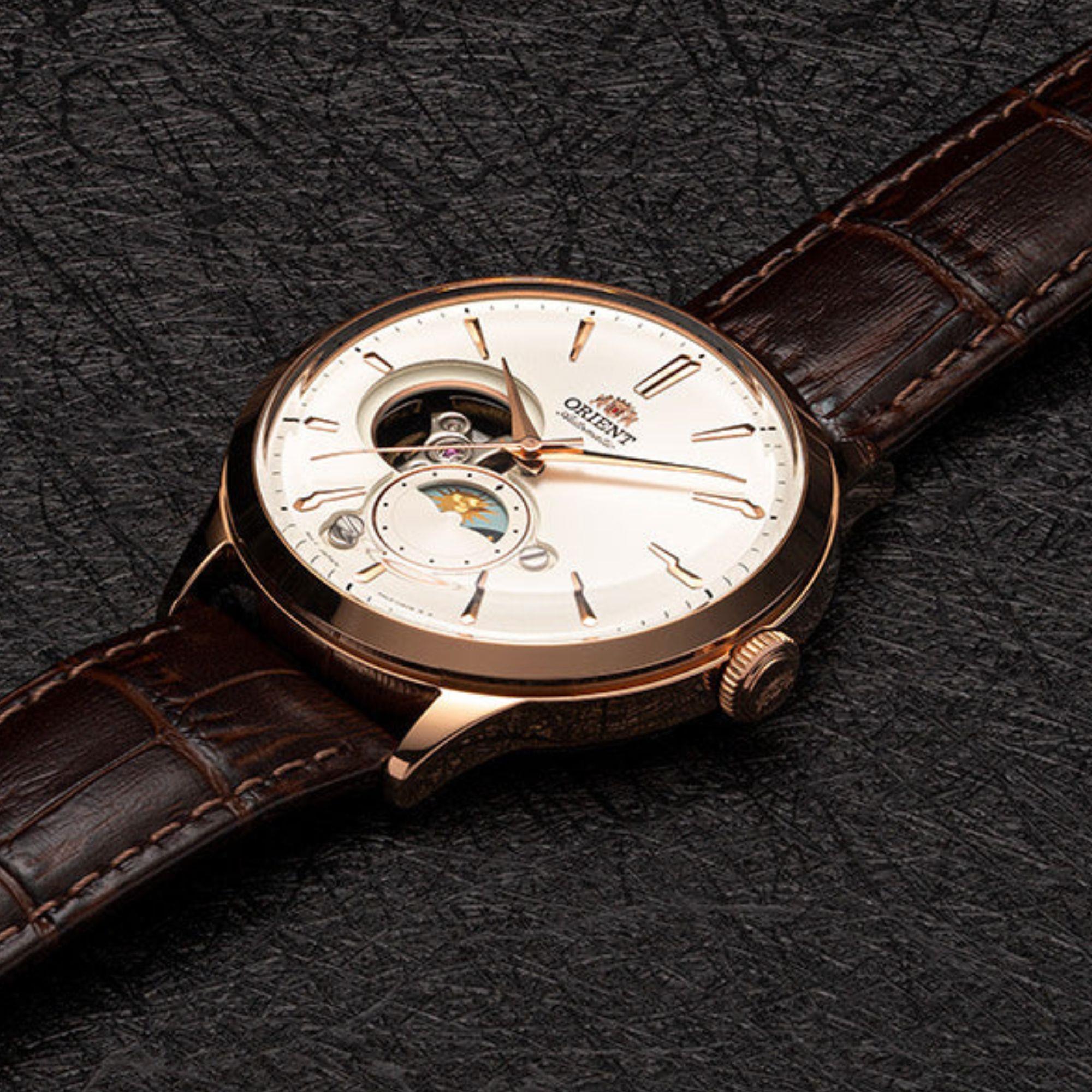 Orient Sun & Moon 42mm White Dial Leather Mens Automatic Watch RA-AS0102S10B
