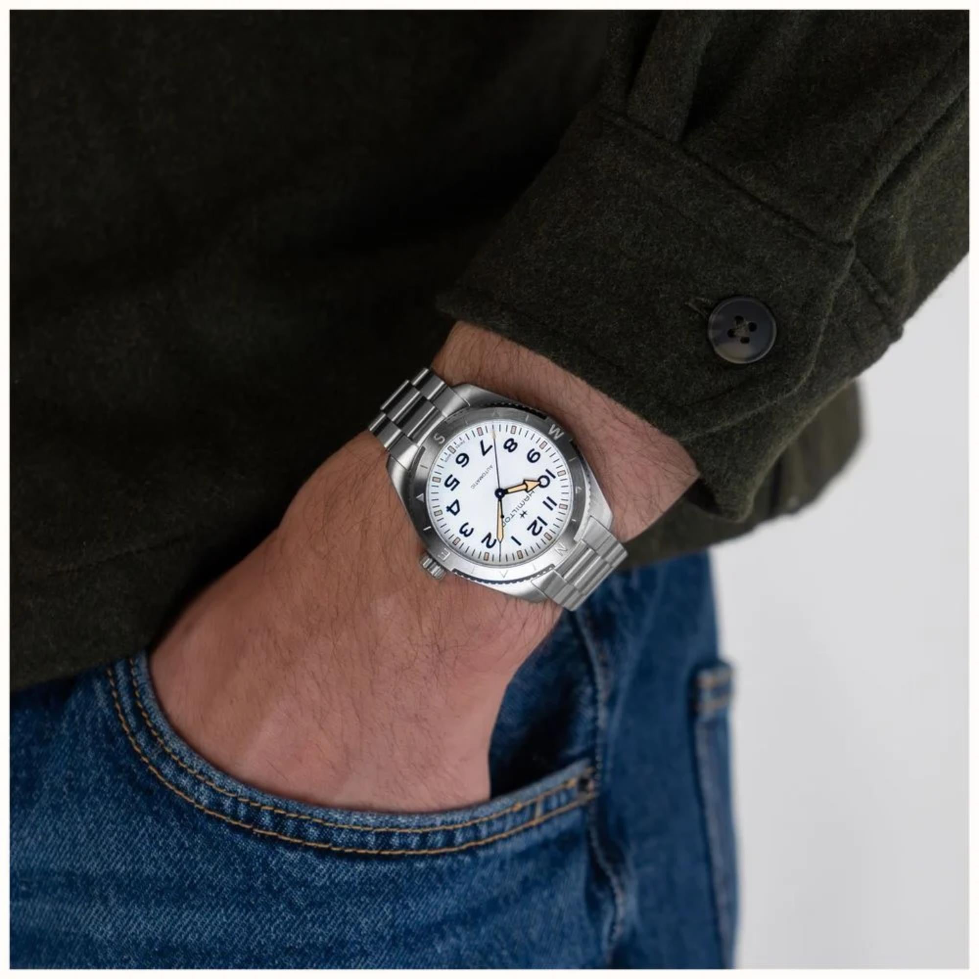 Hamilton Khaki Field Expedition H70315110 41mm white dial automatic watch on wrist