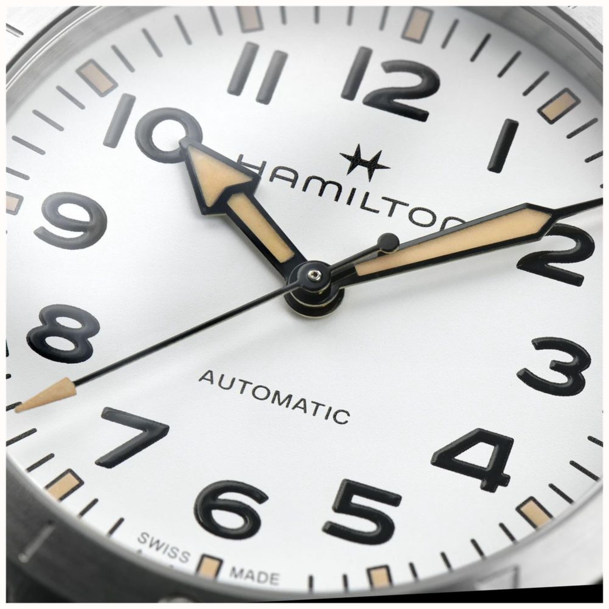 Hamilton H70225910 white sand-blasted dial with black Arabic numerals close-up