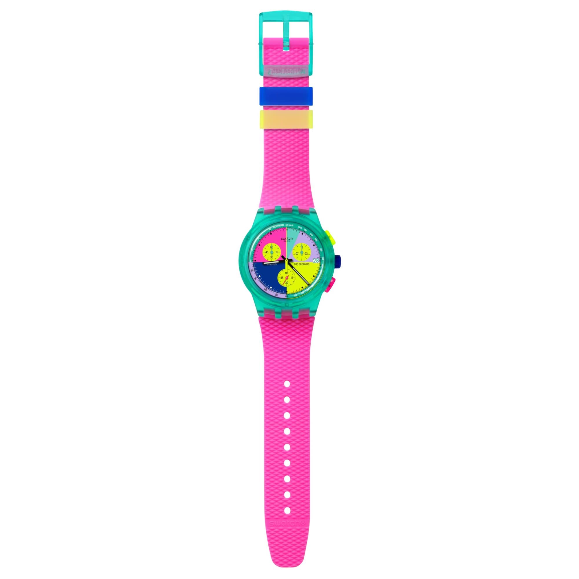 Swatch Neon Flash Arrow Chronograph Multicolour Dial Pink Silicone Watch SUSG408