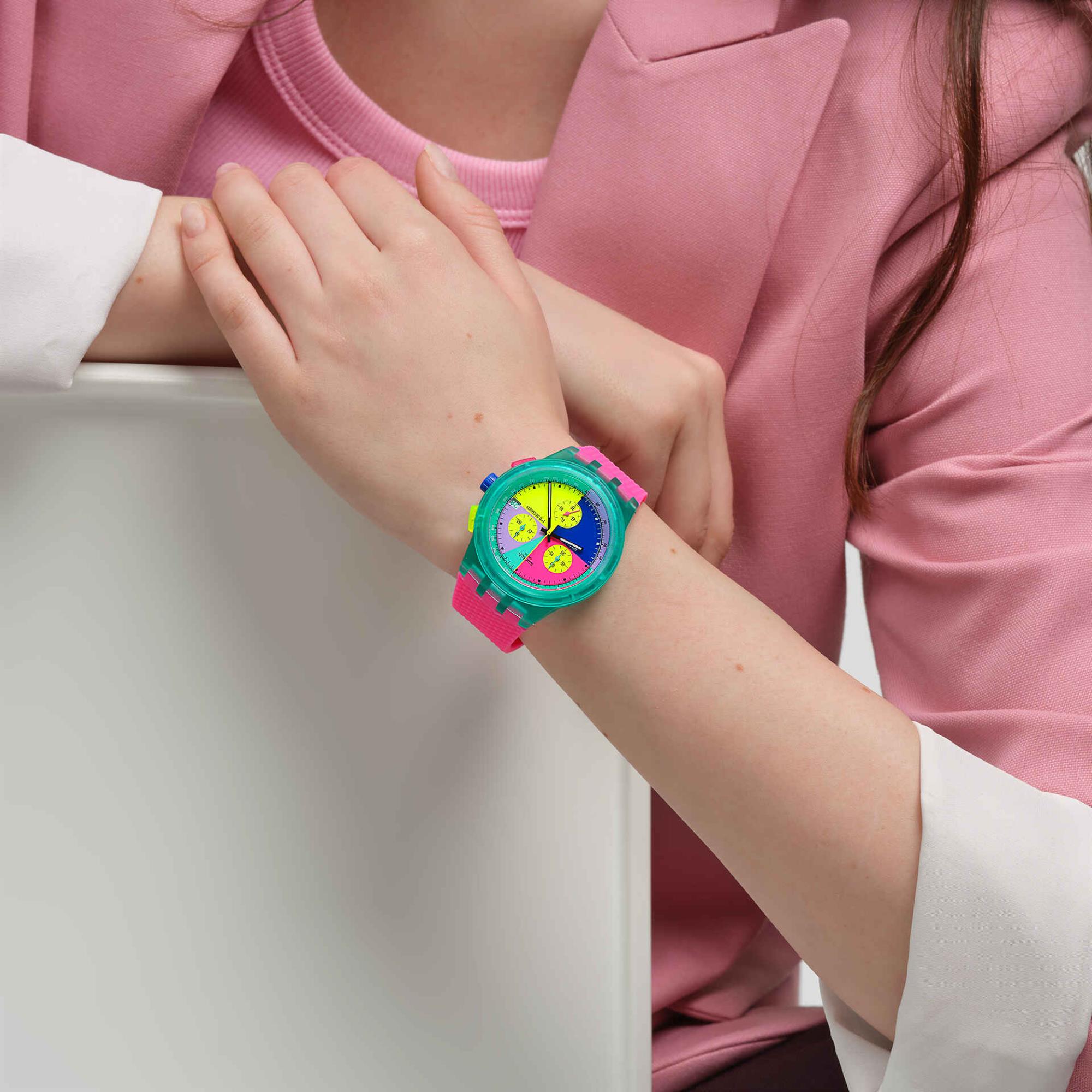 Swatch Neon Flash Arrow Chronograph Multicolour Dial Pink Silicone Watch SUSG408