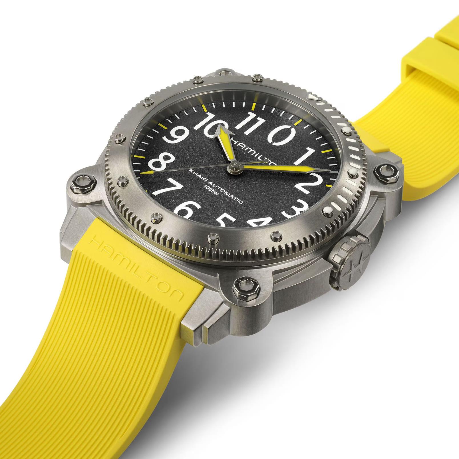 Hamilton Khaki Automatic watch with a black dial and a yellow rubber strap