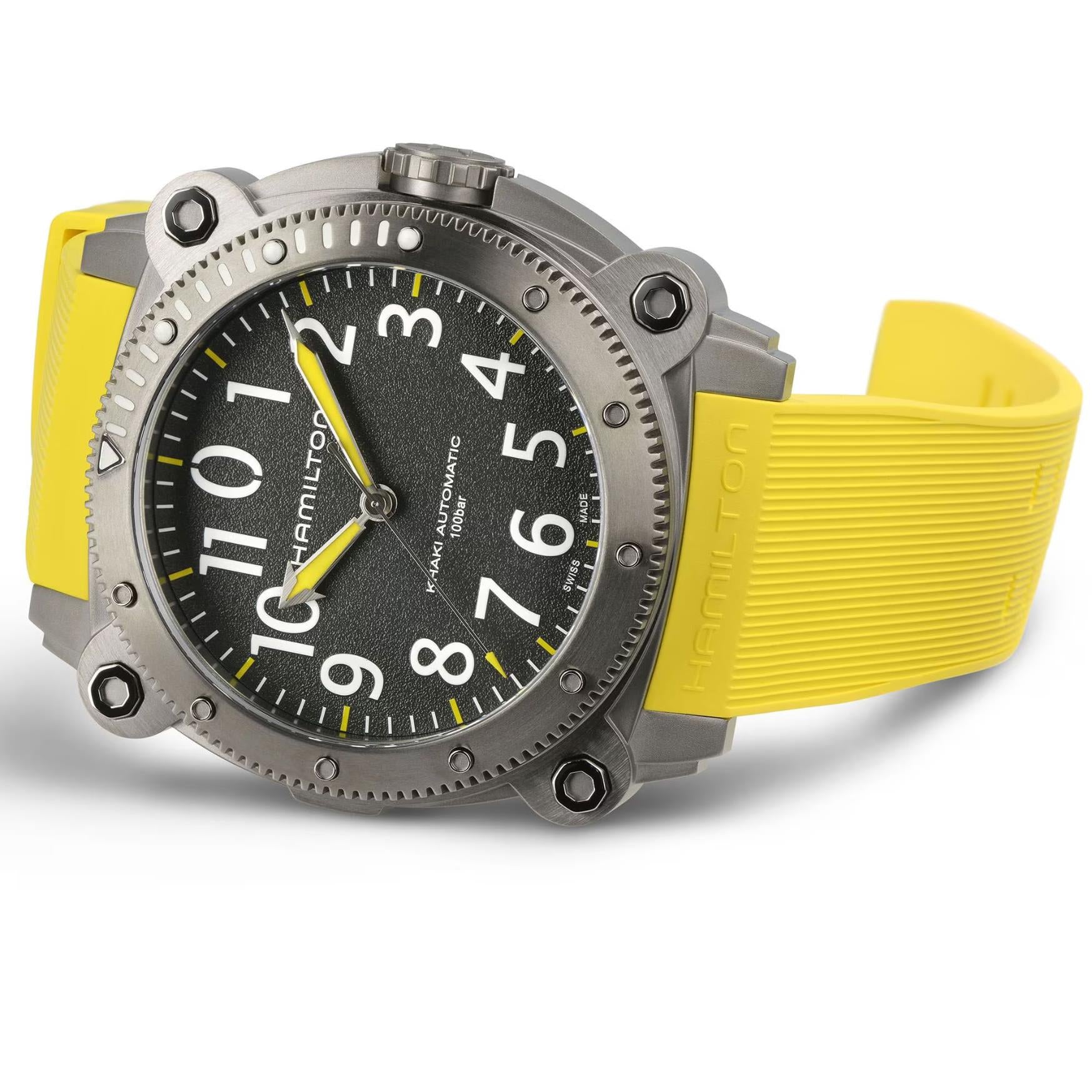 Hamilton Khaki Navy H78535380 titanium case with helium escape valve and screw-down crown detail