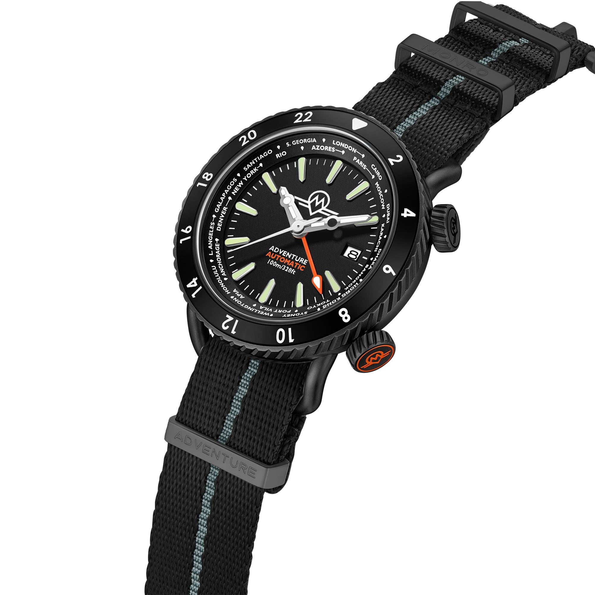 Monro Adventure MA-5 black dial watch with black stripe three-quarter view