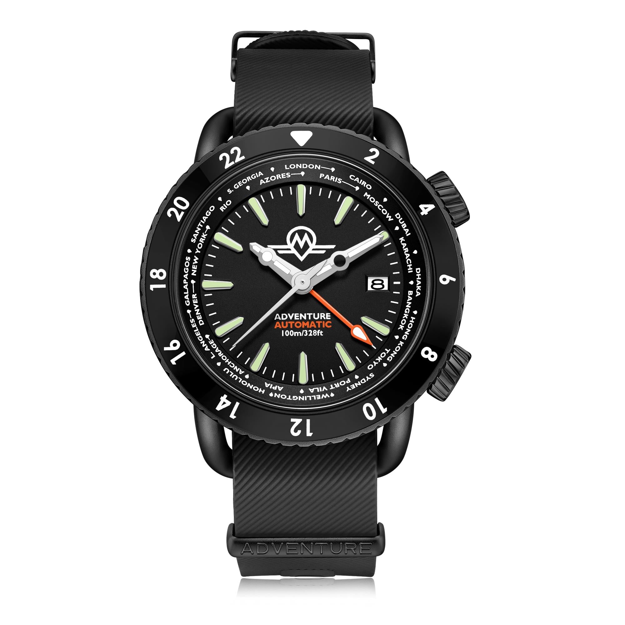 Monro Adventure Automatic Urban Black MA-5 watch with black rubber strap front view